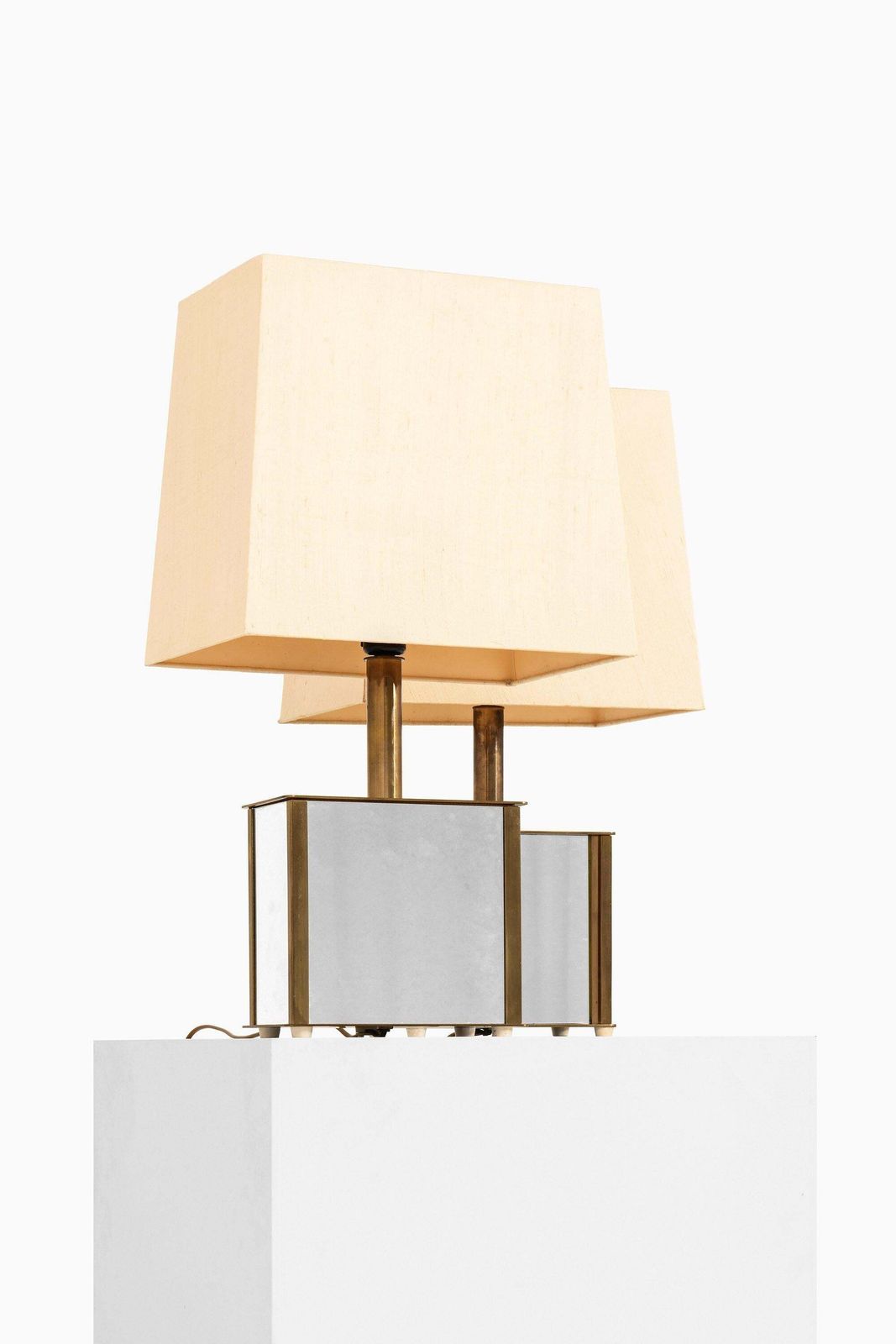 Pair Of Bergboms Table Lamps In Brass, Mirrored Glass And Silk Shades, 1970's photo for sale