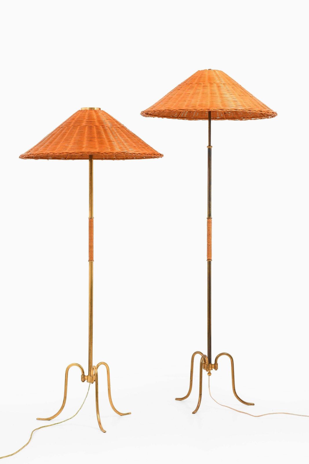 Lighting Height Adjustable Floor Lamp In Brass, Woven Cane And Rattan Shade, 1940's photo