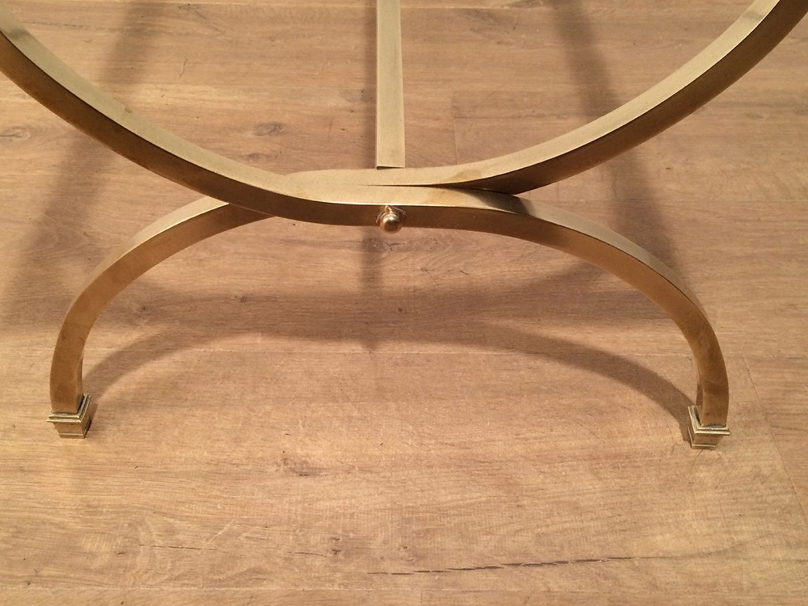 photo for sale Brass Coffee Table With Clear Glass Top And Black Lacquered Rim From Maison Jansen