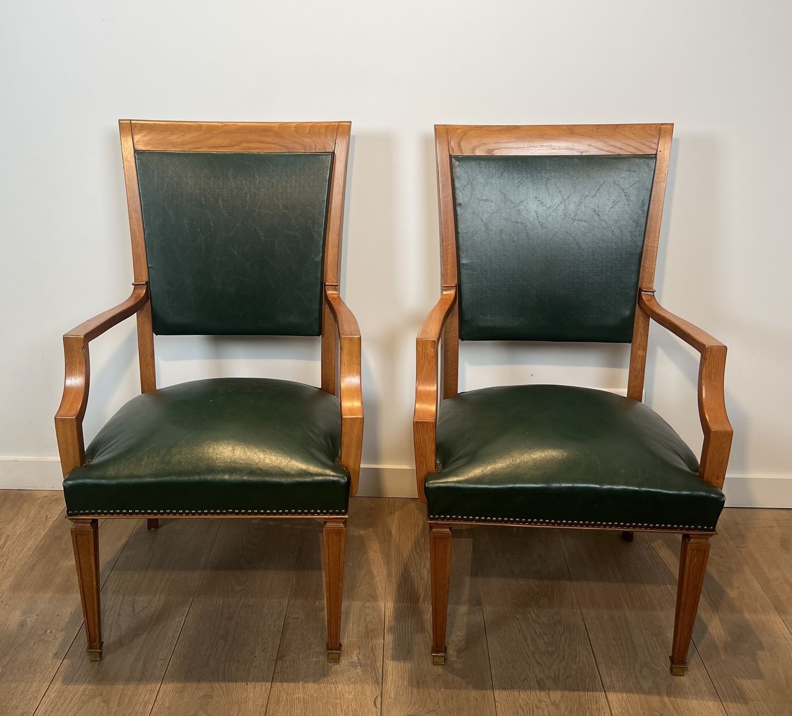 Pair Of Art Deco Oak And Leather Armchairs By De Coene Frères photo furniture
