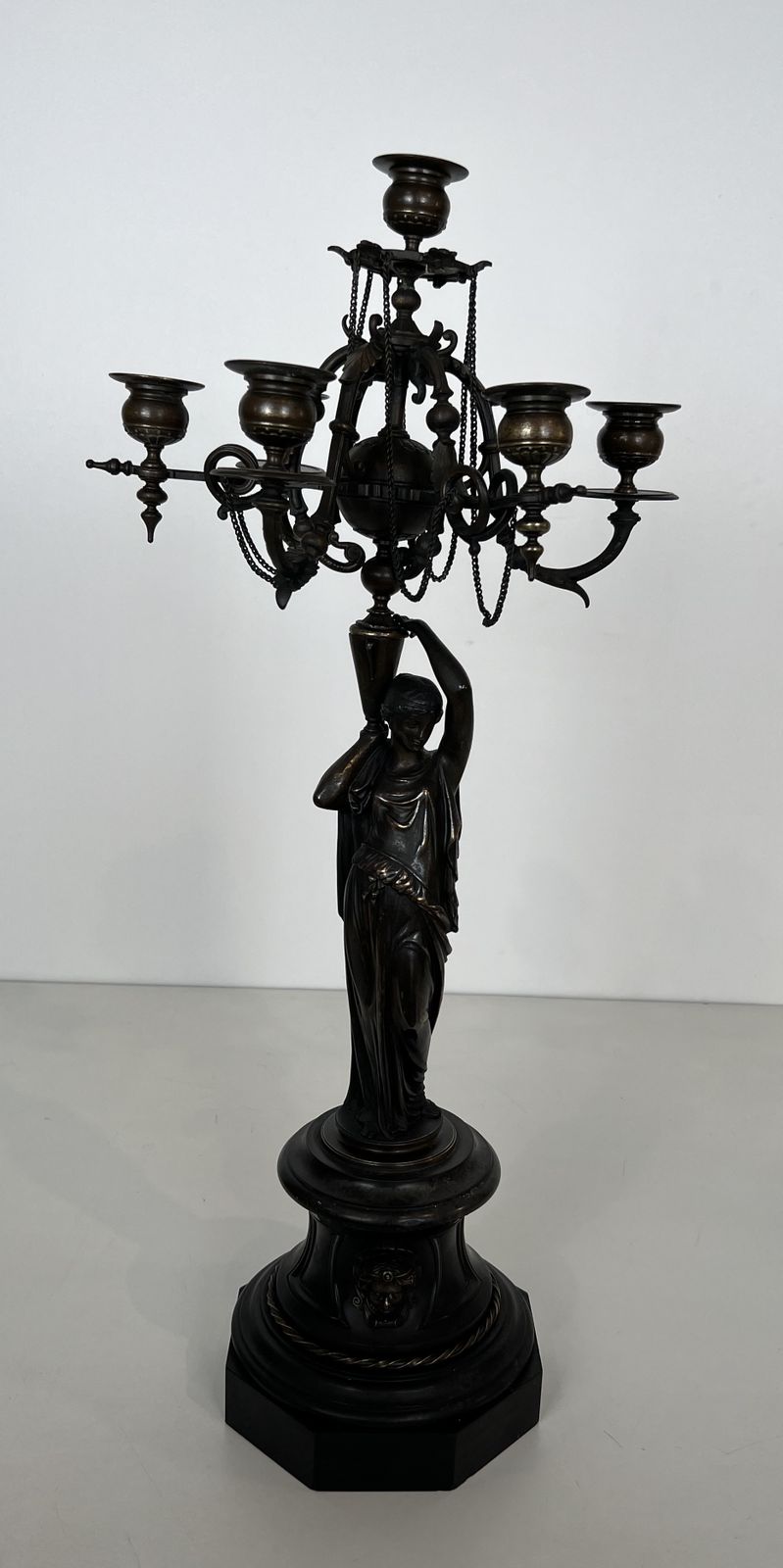 Pair Of Important Patinated Bronze Candelabras Featuring Caryatids Holding 5 Candlesticks In The Louis Valentin Elias Robert Style photo for sale