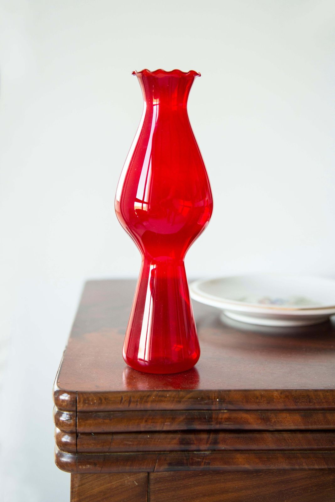 Mid Century Glass Slim Red Vase With A Frill, Europe, 1960s photo Home Decor