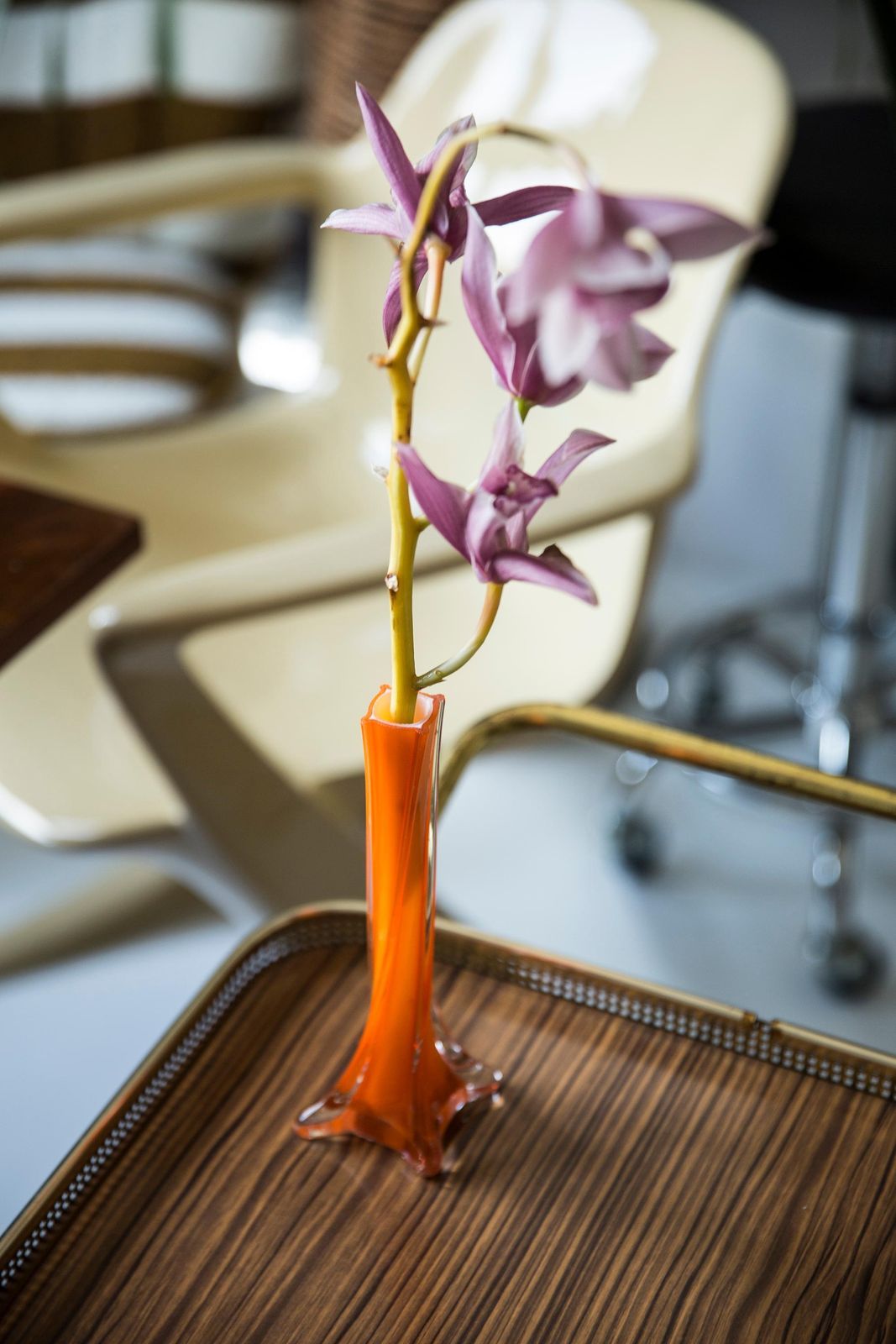 Midcentury Vintage Slim Orange Decorative Glass Vase, Europe, 1960s photo 68.0