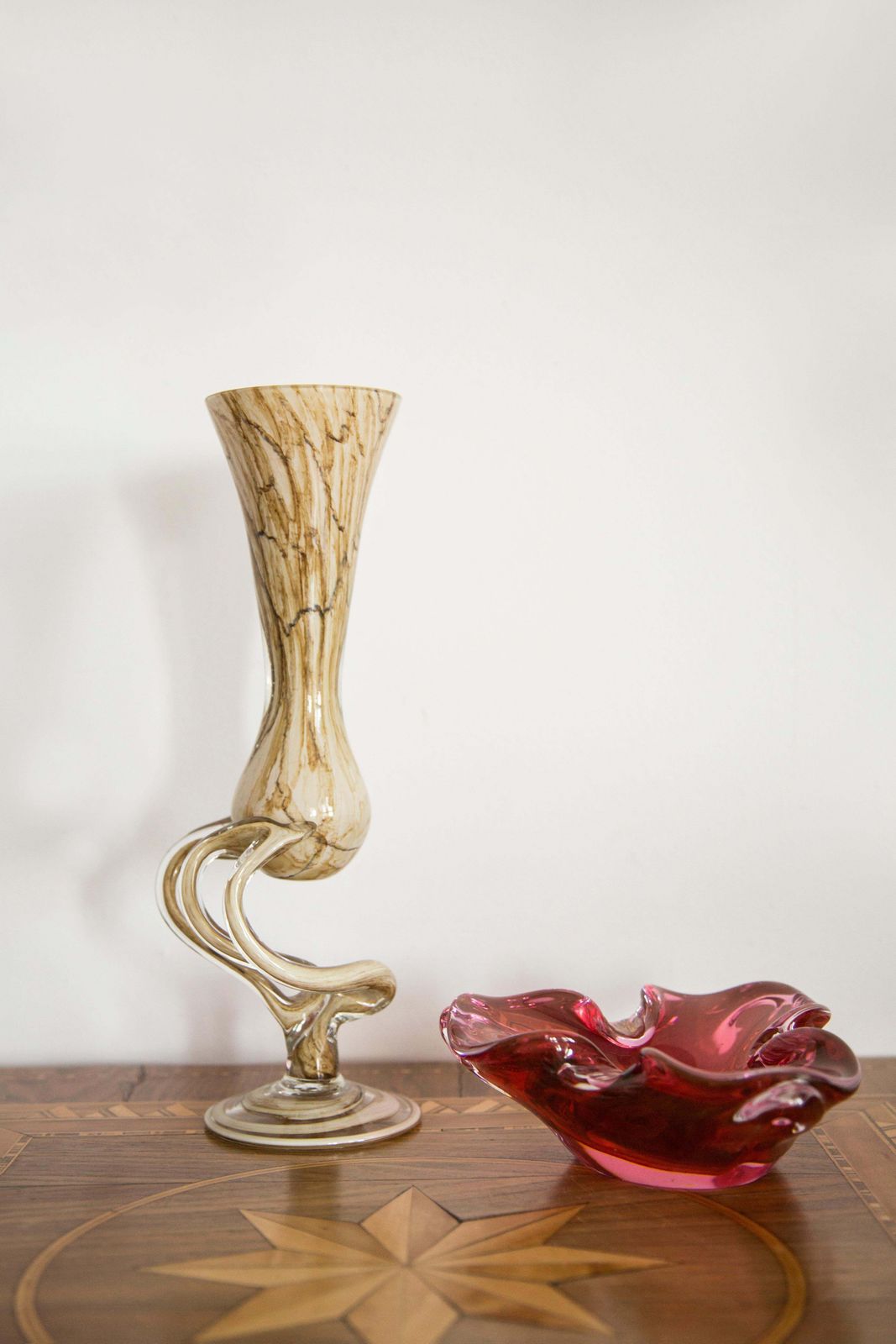 Mid Century Vintage Sand Beige Artistic Glass Vase, Candlestick, Europe, 1970s photo furniture