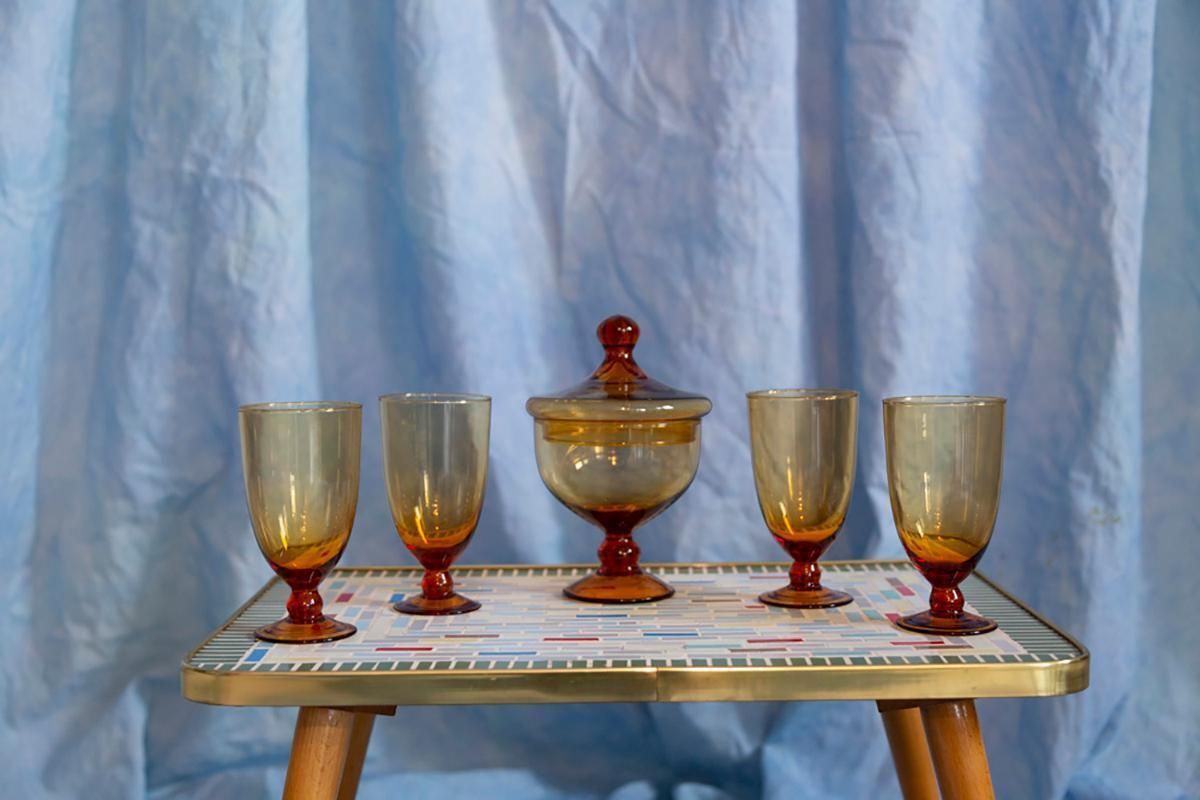 Set Of Four Mid Century Glasses And Sugar Bowl, Murano, Europe, 1960s photo furniture