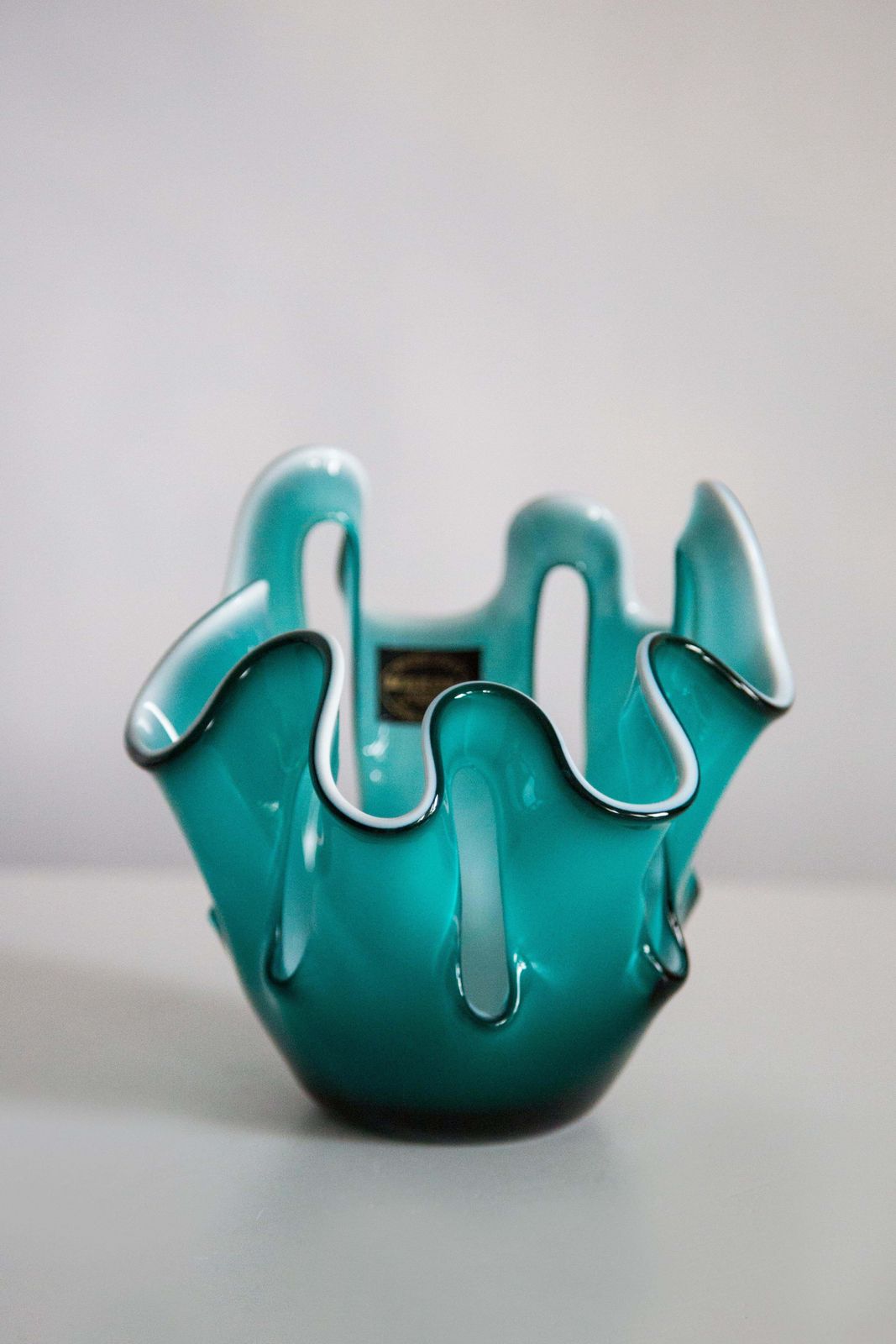 Mid Century Vintage Acqua And White Artistic Glass Vase, Europe, 1970s photo vinterior