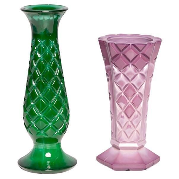 Set Of Two Mid Century Green And Purple Artistic Mini Vases, Europe, 1960s