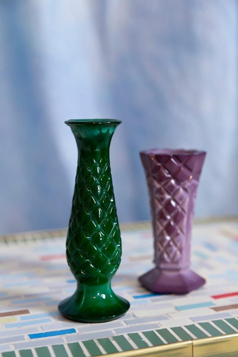 Set Of Two Mid Century Green And Purple Artistic Mini Vases, Europe, 1960s photo Home Decor