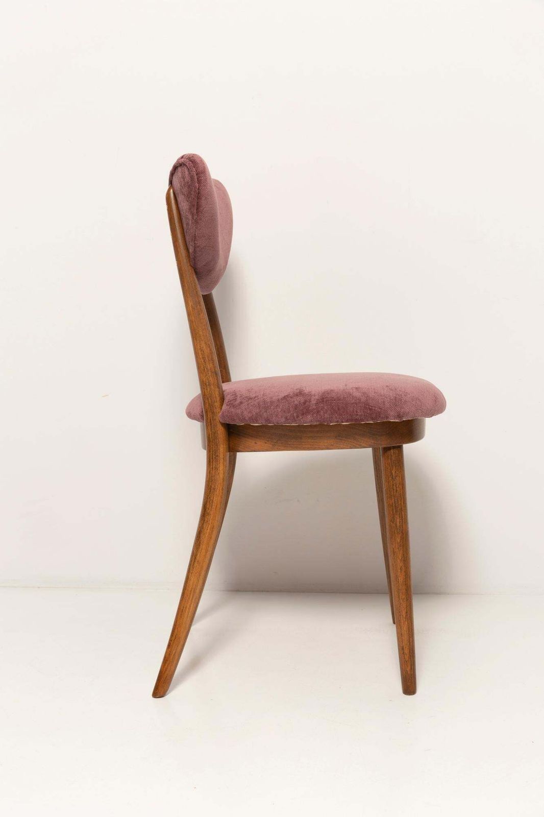 photo for sale Midcentury Plum Violet Velvet, Walnut Wood Heart Chair, Europe, 1960s