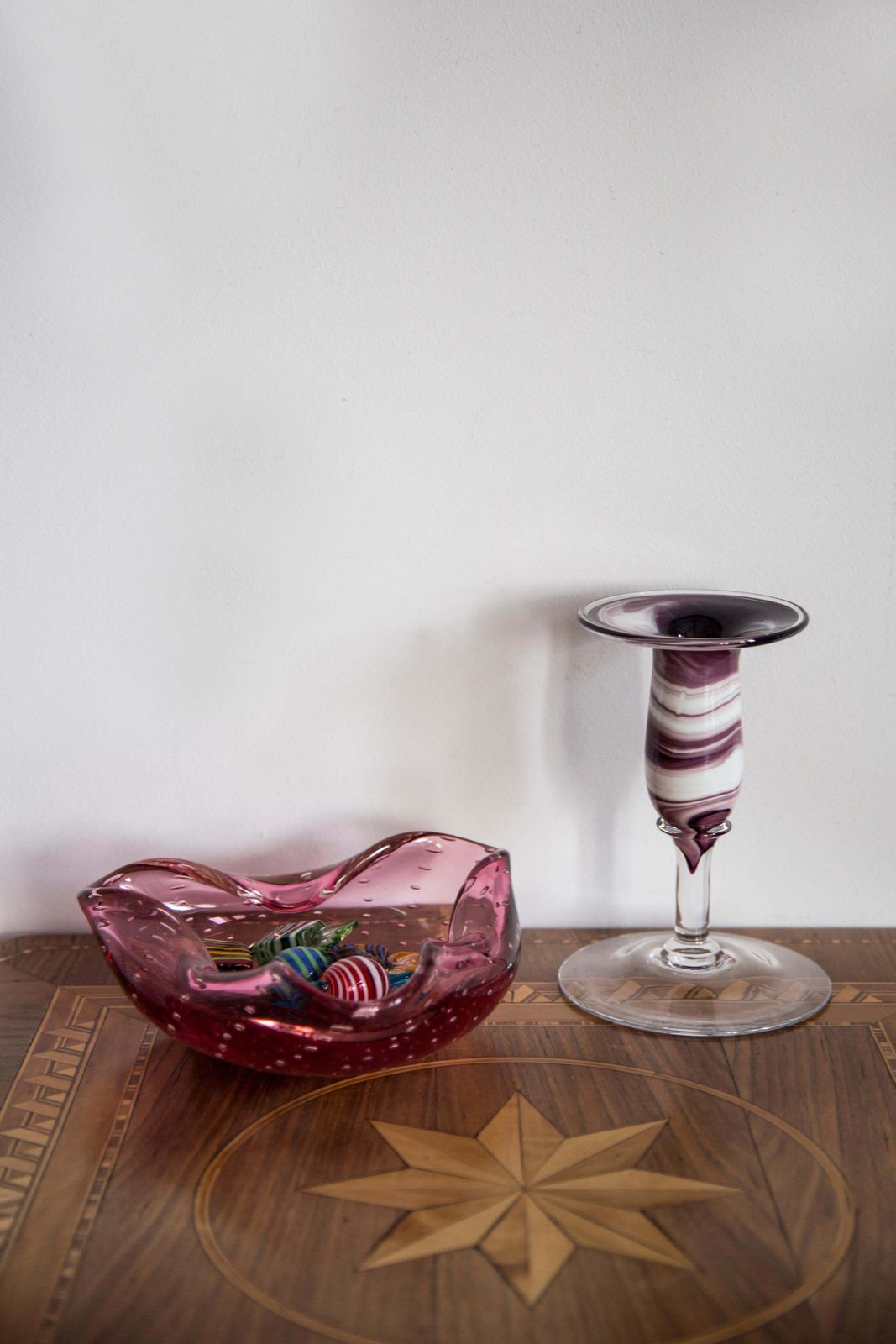 Mid Century White And Purple Small Artistic Glass Candlestick, Europe, 1970s photo furniture
