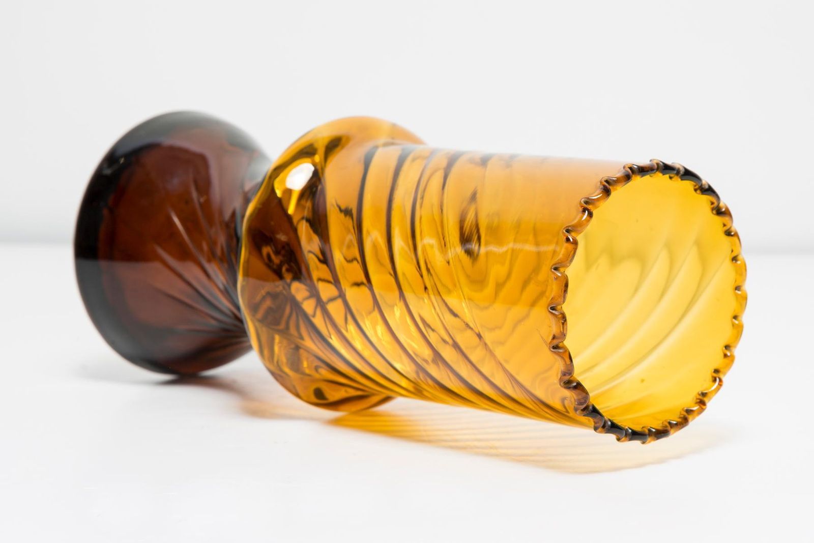 photo for sale Mid Century Vintage Artistic Glass Yellow Vase With A Frill, Europe, 1970s
