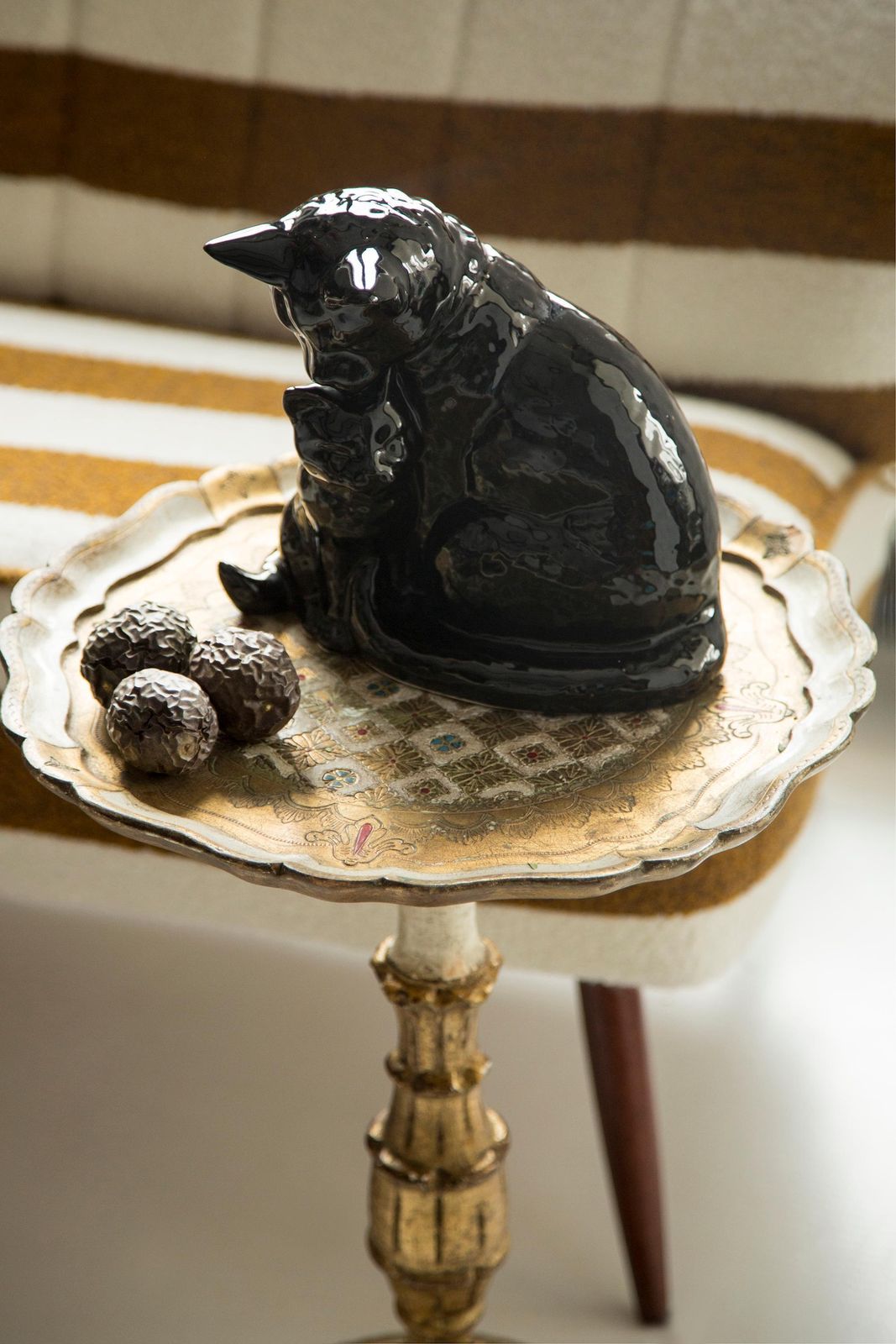 Midcentury Medium Black Cats Ceramic Sculpture, Portugal, 1960s photo furniture