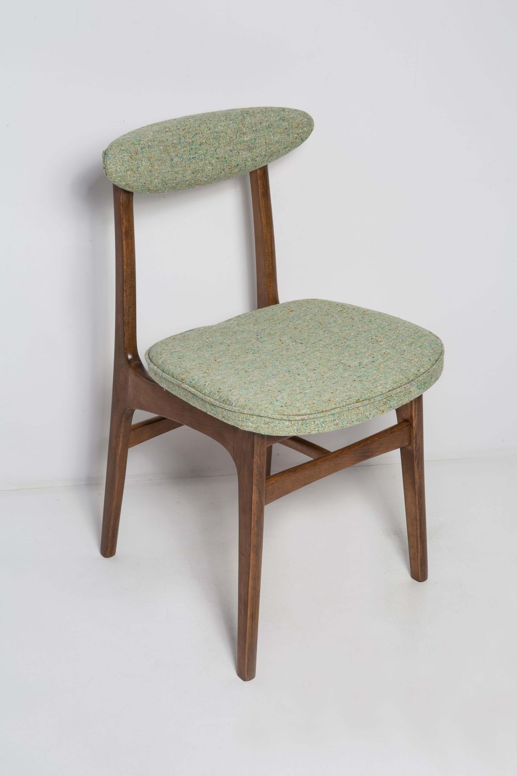 Mid Century Apple Green Wool Chair, Walnut Wood, Rajmund Halas, Poland, 1960s photo for sale