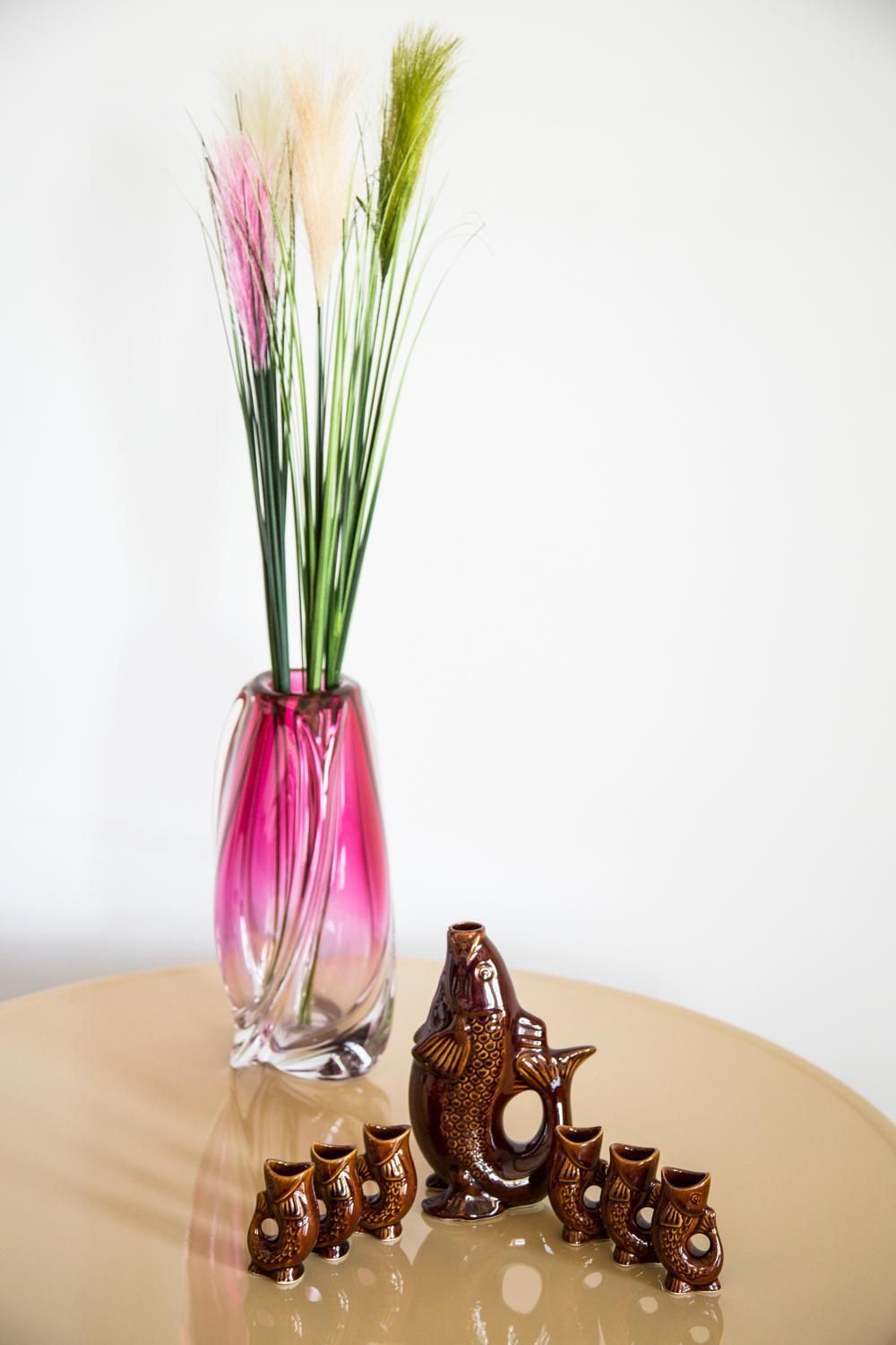 photo for sale Brown Fish Glass Decanter And Glasses, 20th Century, Europe, 1960s