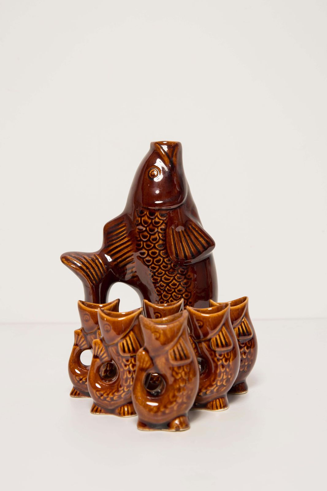 Home Decor Brown Fish Glass Decanter And Glasses, 20th Century, Europe, 1960s photo