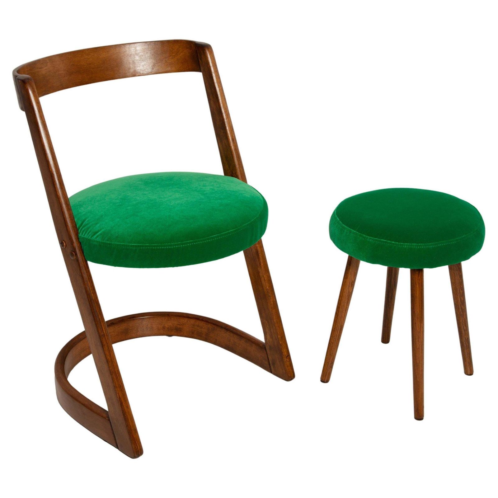 Mid Century Groene Velours Halfa Fauteuil Met Bijpassende Hocker, Baumann, Frankrijk, Jaren 1970