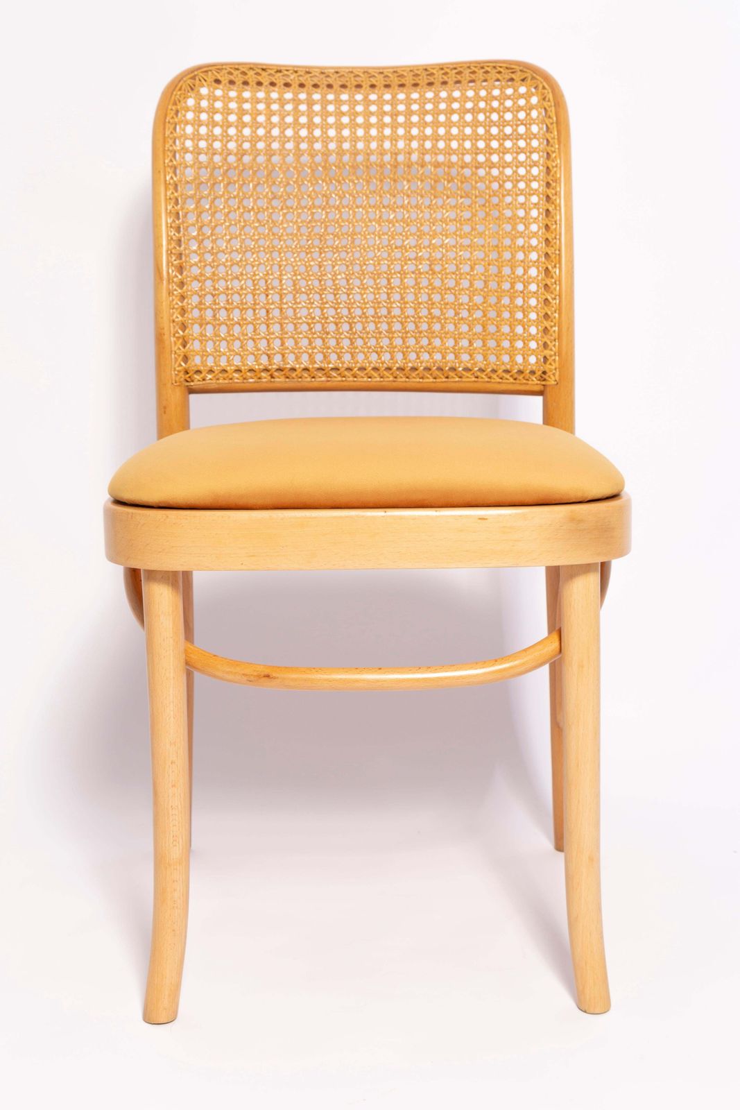 photo vinterior Mid Century Yellow Velvet Thonet Wood Rattan Chair, Europe, 1960s