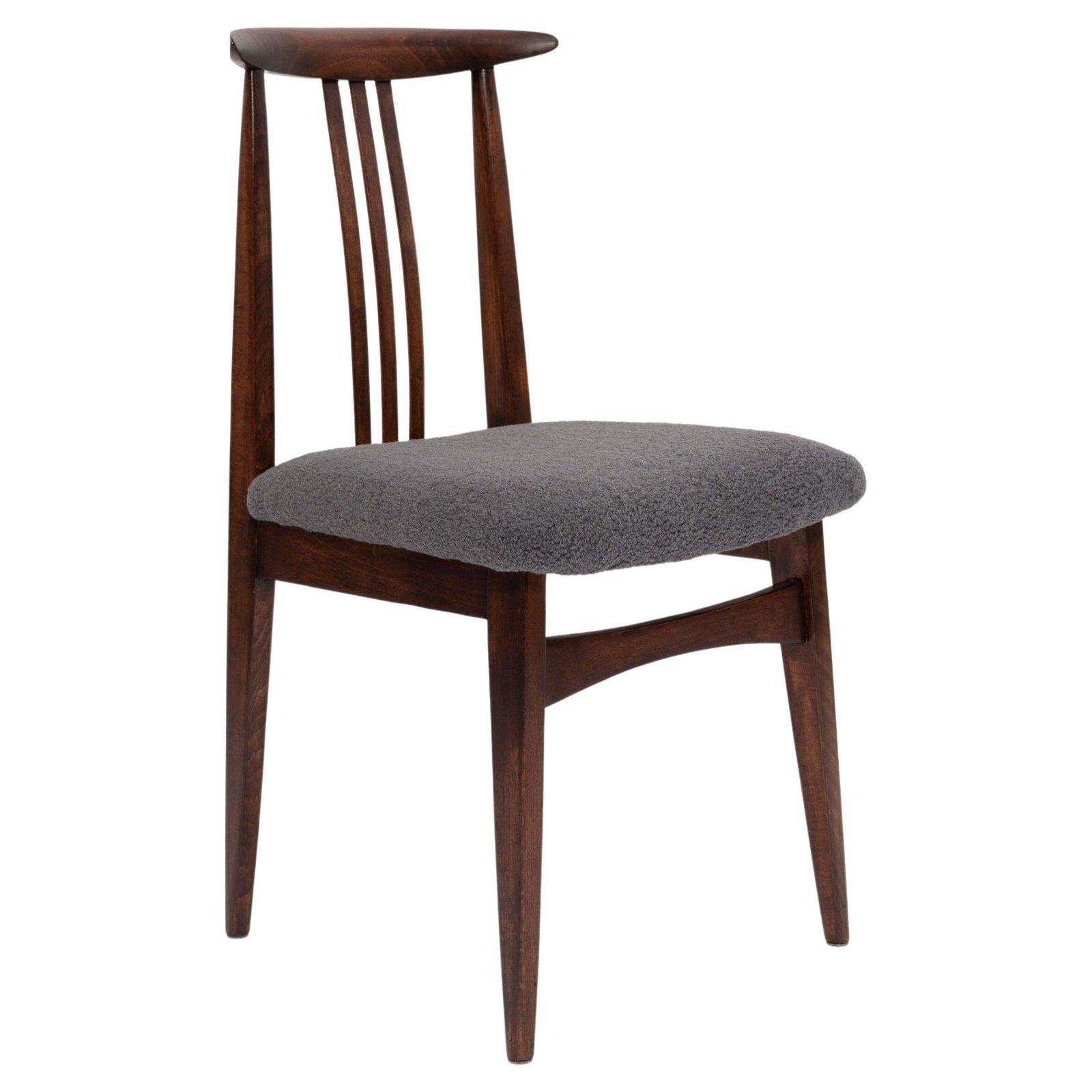 Mid Century Graphite Gray Boucle Chair, Walnut Wood, M. Zielinski, Europe 1960