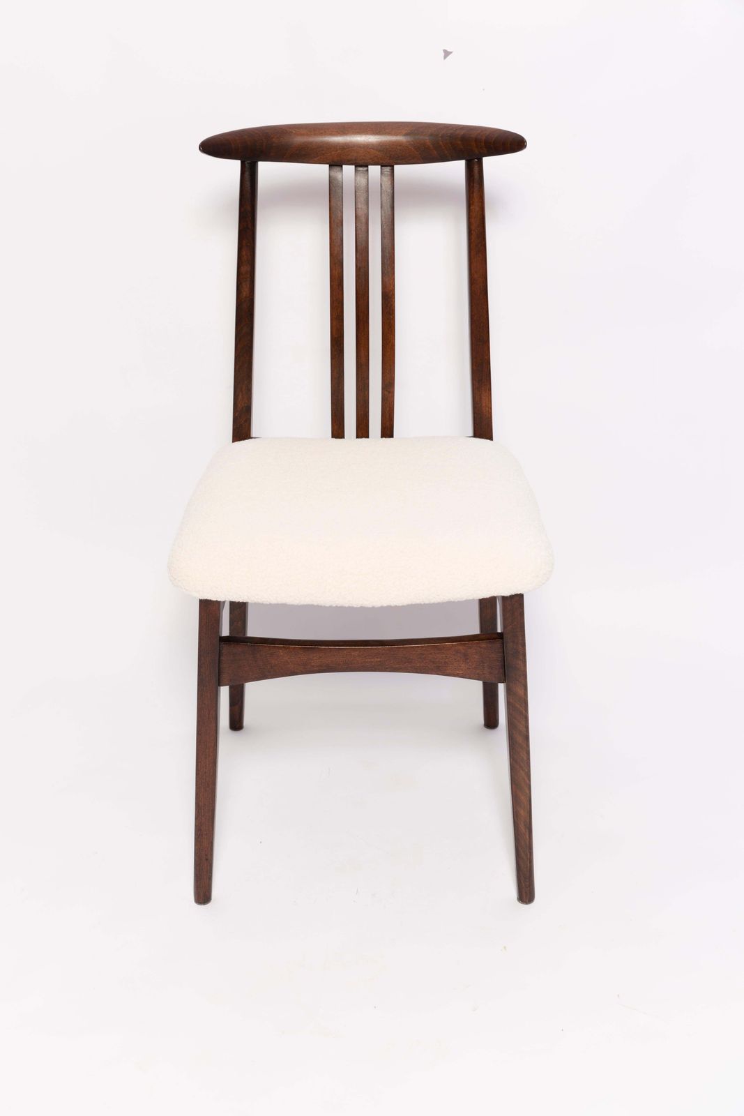 Mid Century Cream Ivory Boucle Chair, Walnut Wood, By M. Zielinski, Europe, 1960s photo for sale