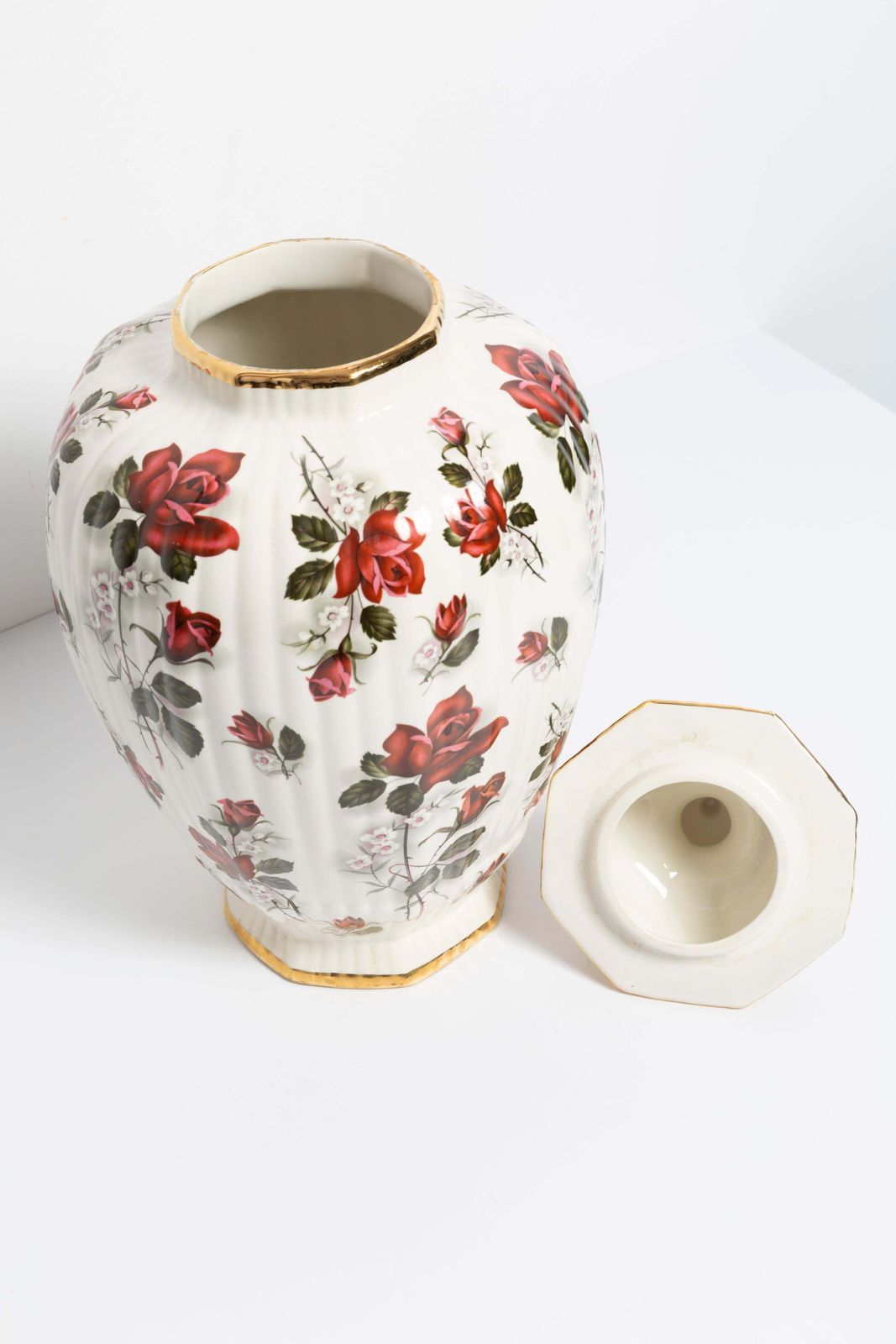 Big Ceramic Hand Painted Roses Vase Candy Box, 20th Century, Belgium, 1960s photo vintage