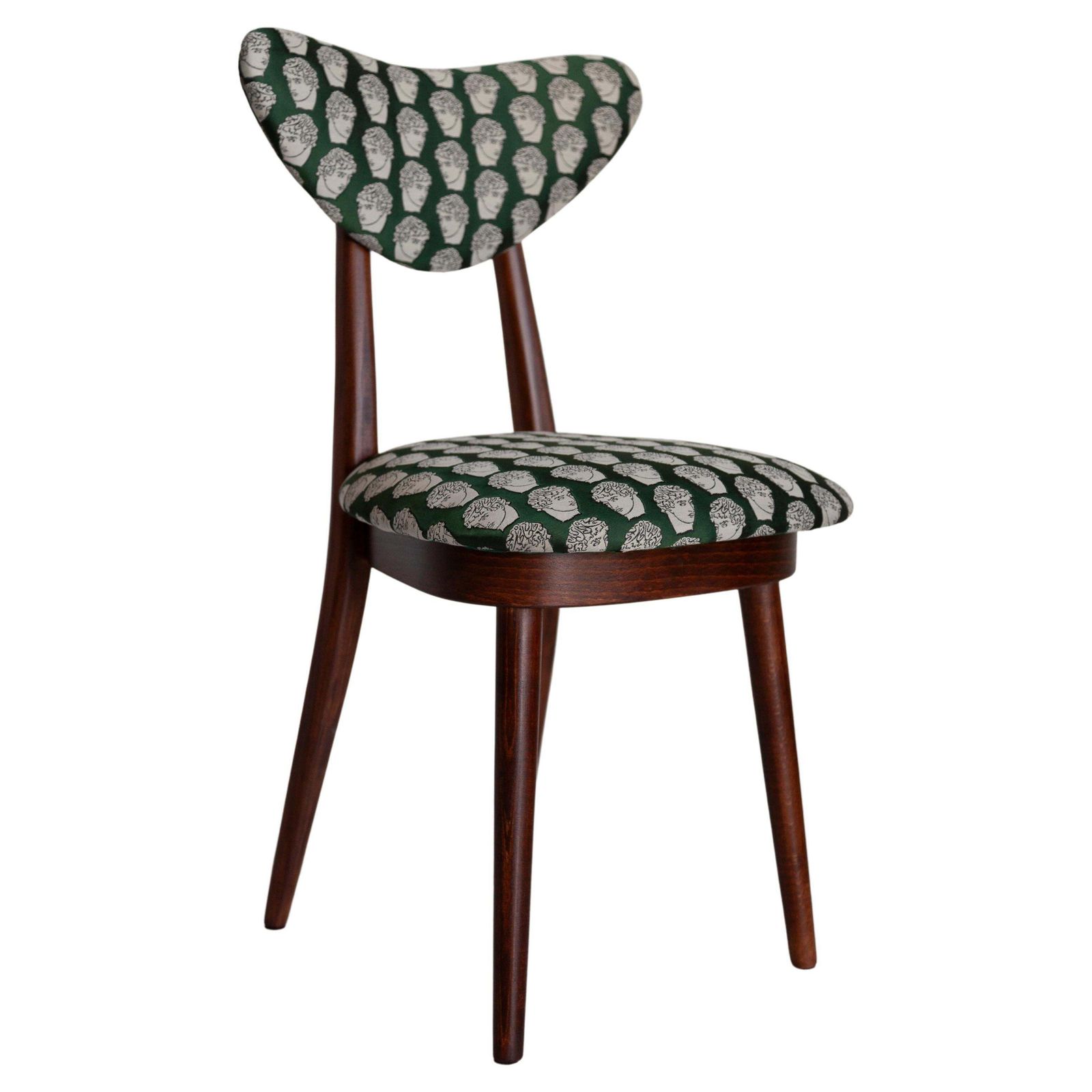 Mid Century David Print Emerald Satin, Walnoothouten Hartenstoel, Europa, Ca. Jaren 1960