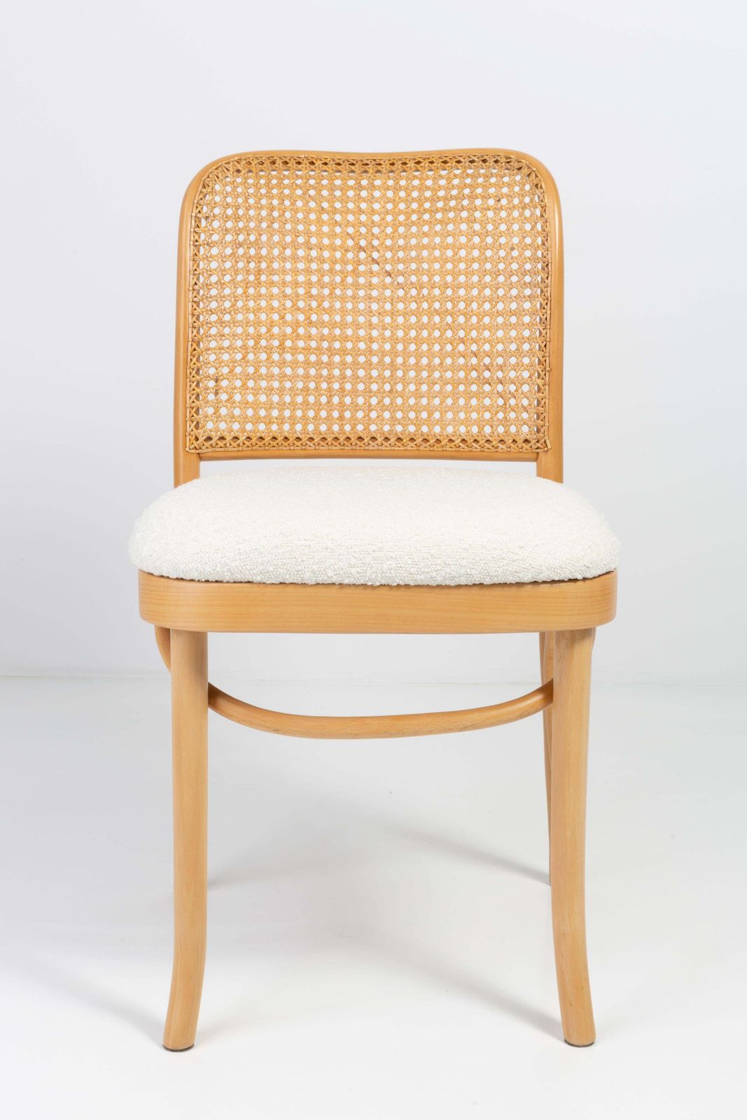 Light White Boucle Thonet Wood Rattan Chair, 1960s photo vintage