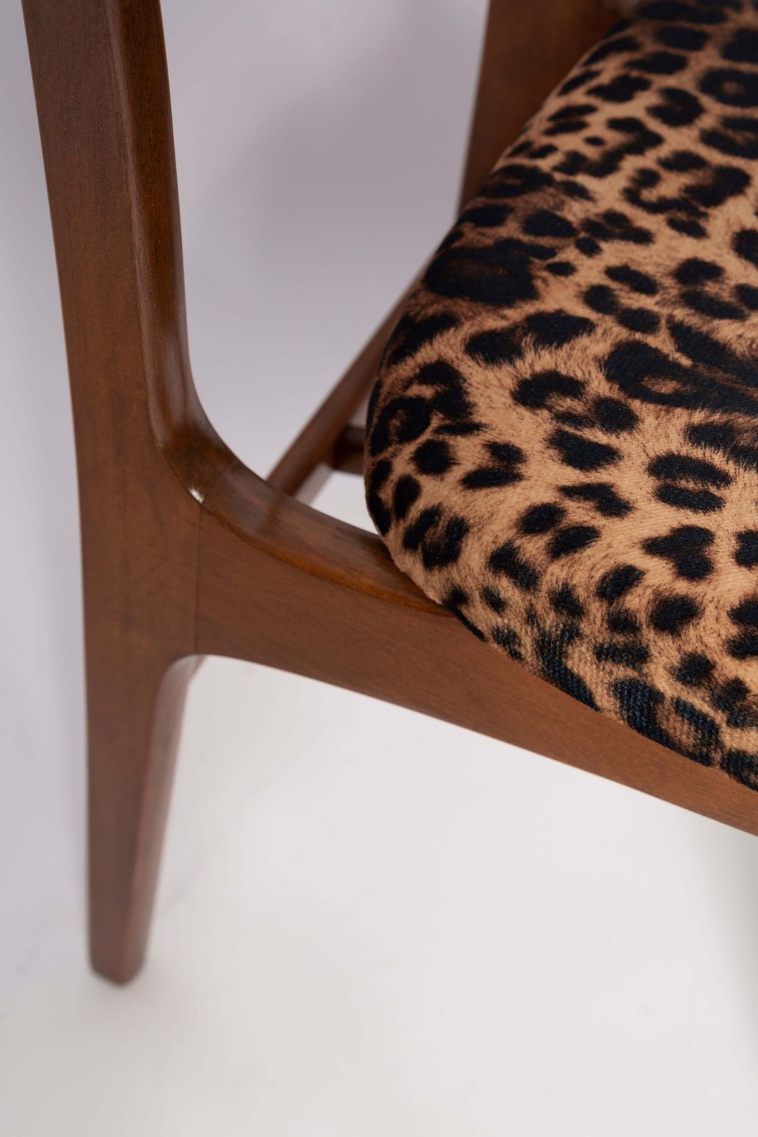 photo furniture Mid Century Leopard Velvet Chair, Walnut Wood, Rajmund Halas, Poland, 1960s