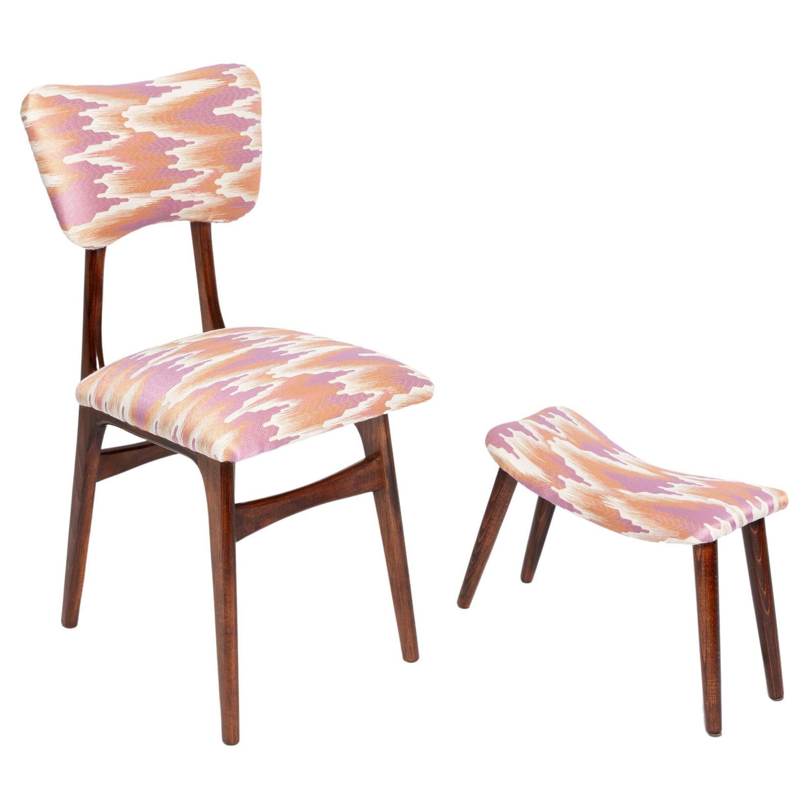 Mid Century Vlinderstoel Met Voetenbank, Fandango Jacquard, Donker Hout, Europa, Ca. Jaren 1960