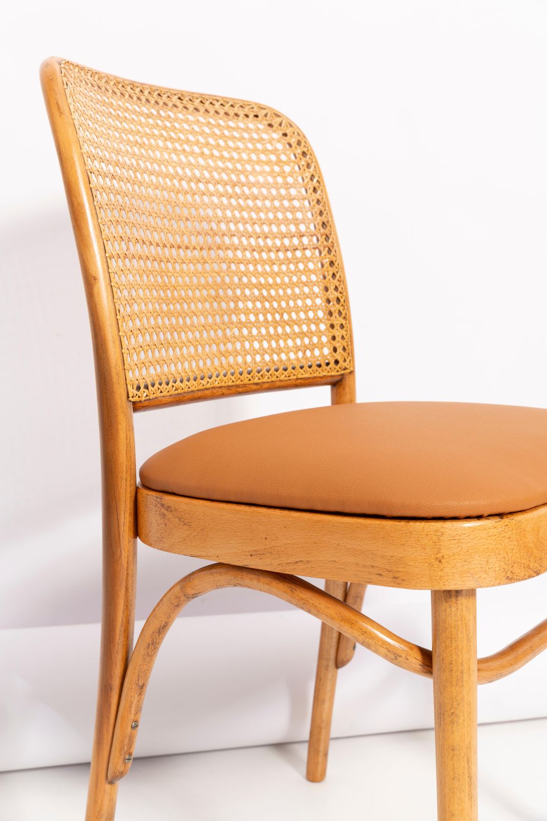Camel Faux Leather Thonet Wood Rattan Chair, 1960s photo furniture
