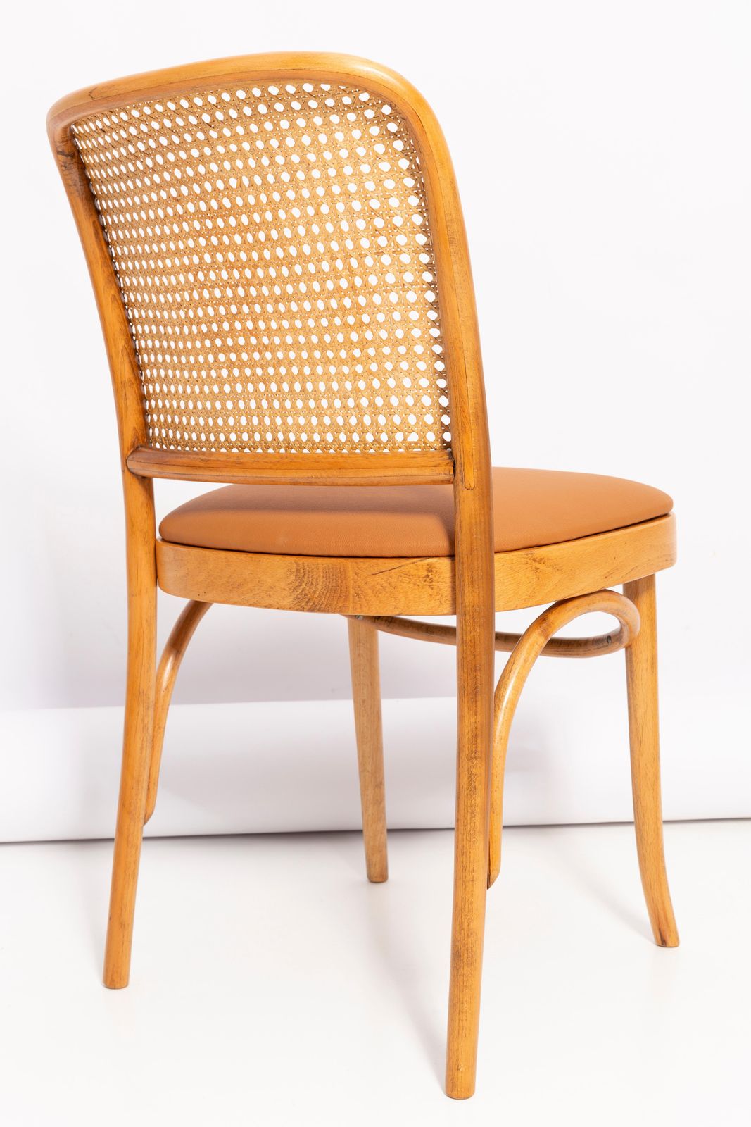 Camel Faux Leather Thonet Wood Rattan Chair, 1960s photo vinterior