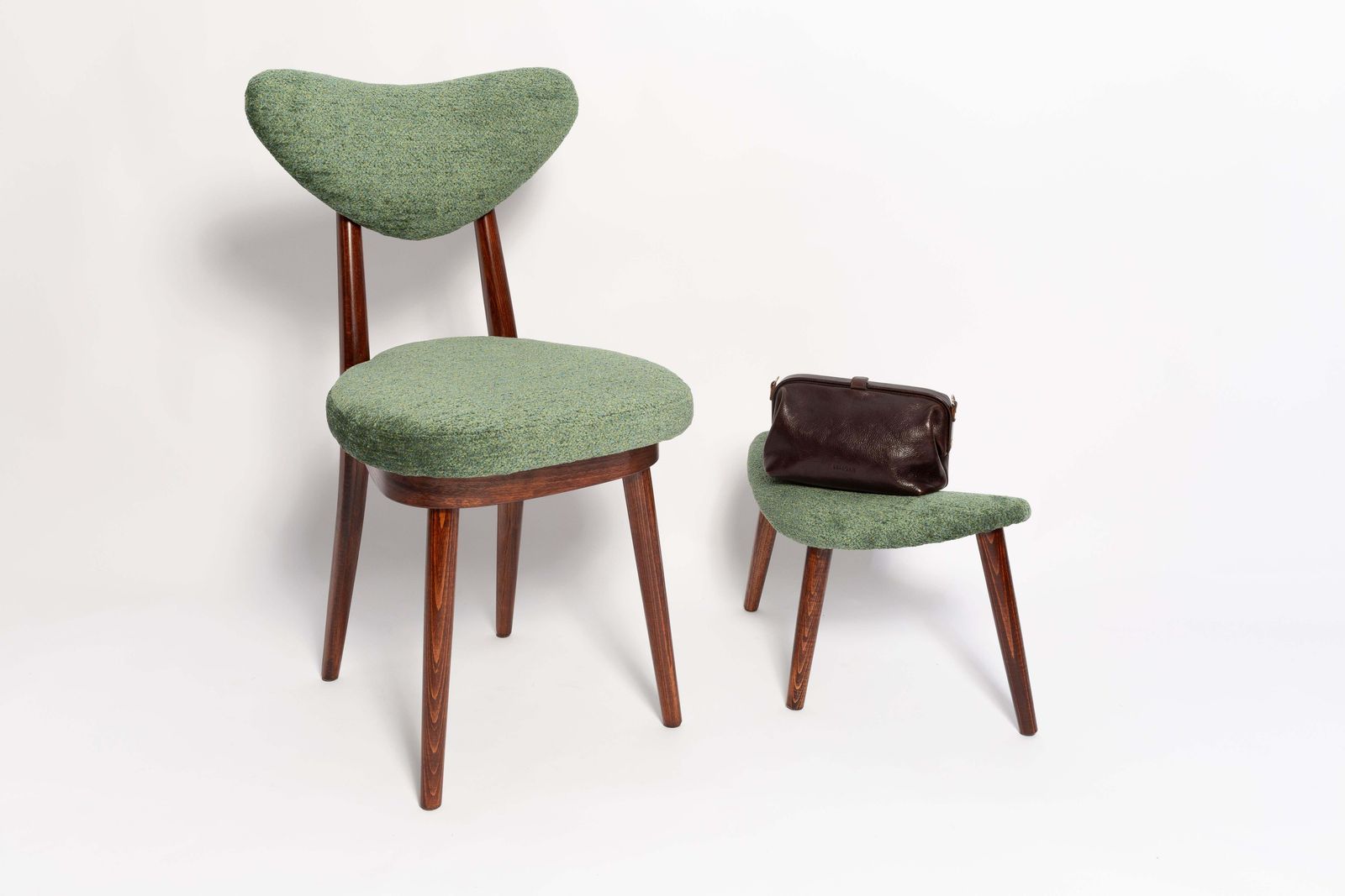 Mid Century Heart Chair And Stool, Green Velvet, Dark Wood, Europe 1960s photo Furniture