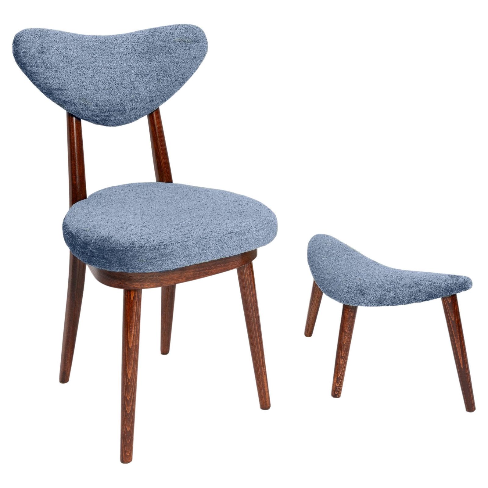 Mid Century Heart Chair And Stool, Blue Velvet, Dark Wood, Europe 1960s