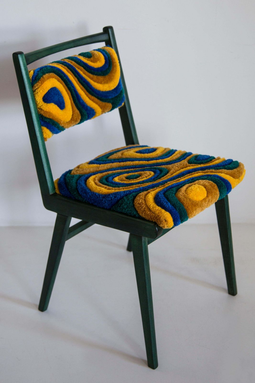 1486.0 Mid Century Fauteuil, Handgeknoopt Wol In Groen En Geel, Europa, Polen, Jaren 1960 photo