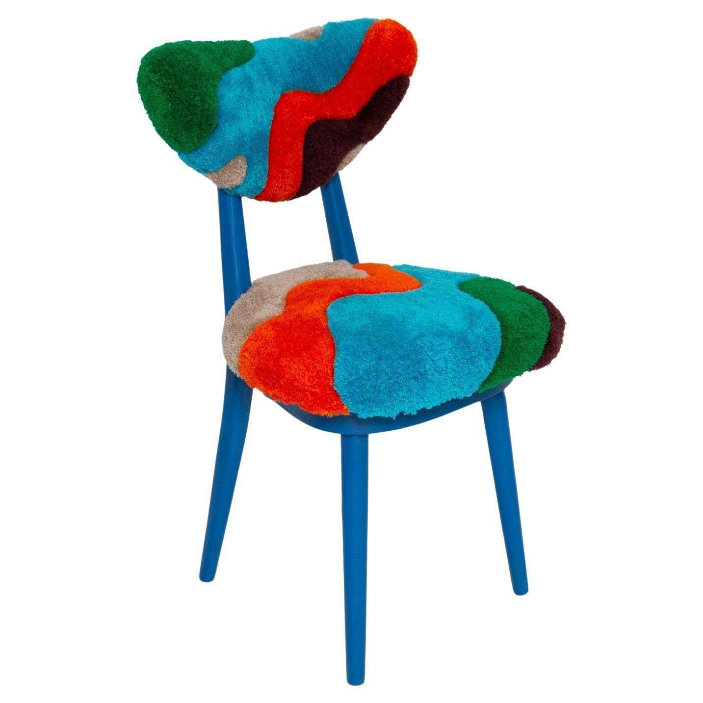 Mid Century Heart Chair In Hand Tufting Blue Green Wool, Europe, Poland, 1960s