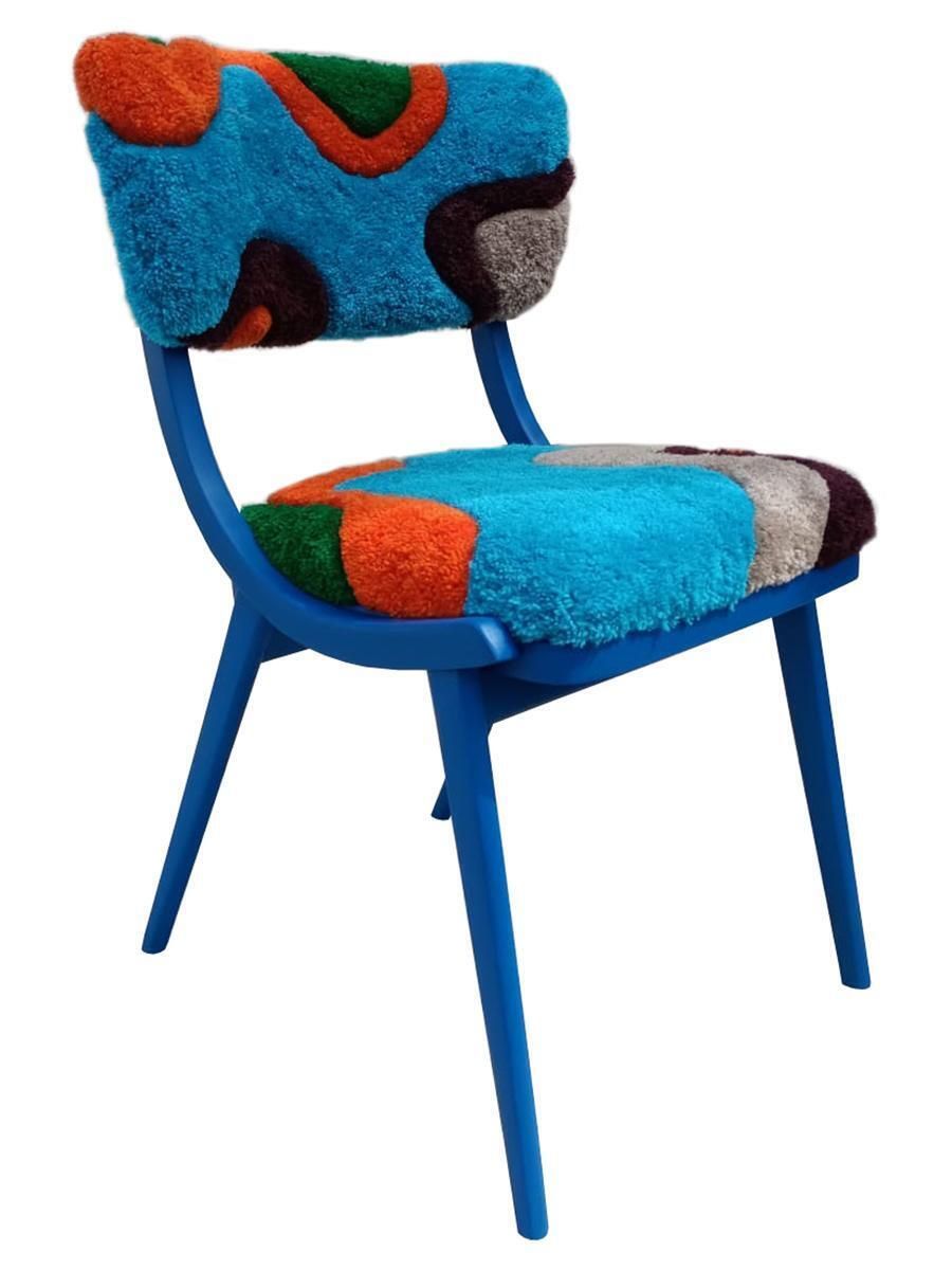 Mid Century Modern Bumerang Stoel, Handgeknoopte Bekleding In Blauwgroen Wol, Polen, Jaren 1960 photo furniture