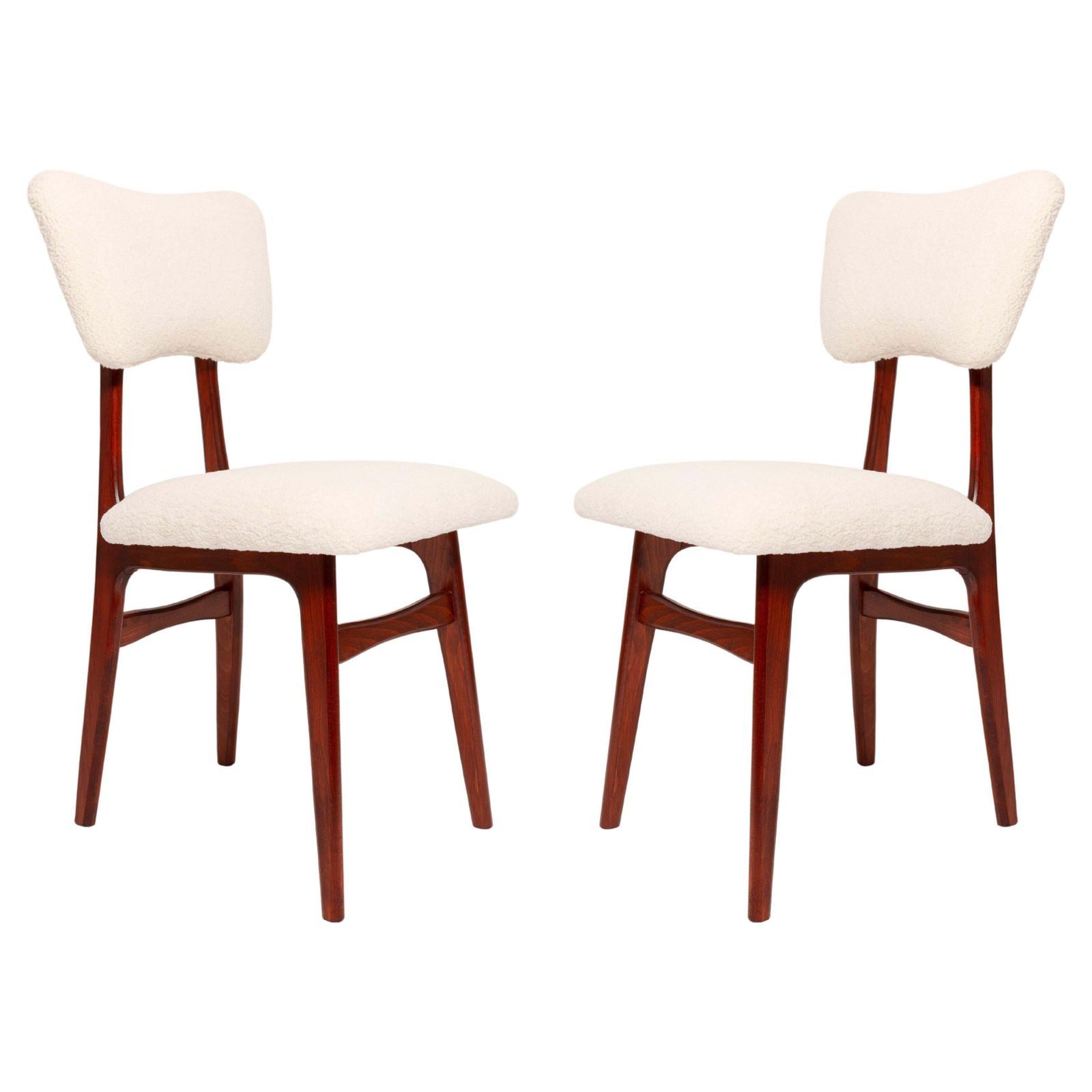 Two 20th Century Chairs In Light Creme And Cherry Wood Boucle, Europe, 1960s