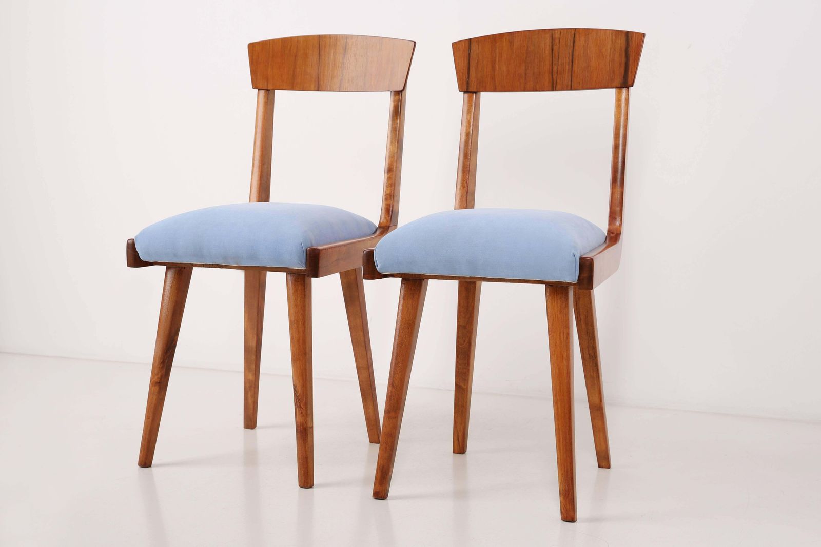 Set Of Two Mid Century Baby Blue Velvet And Medium Wood Chairs, Europe, 1960s photo furniture