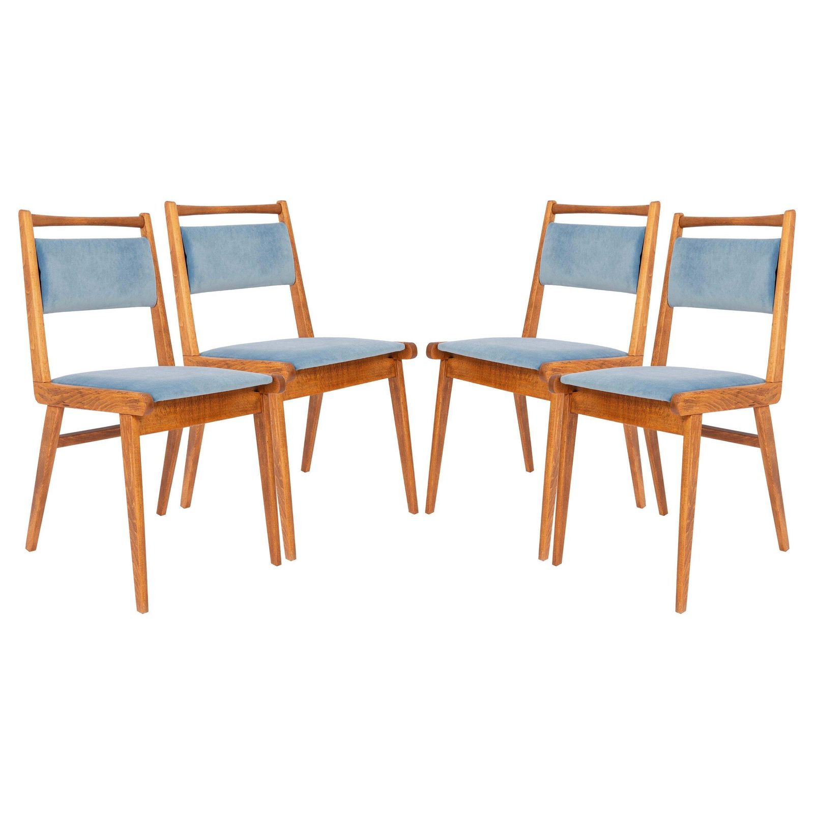 Set Van Vier 20e Eeuwse Stoelen Met Blauwe Velours Bekleding, Polen, Jaren 1960