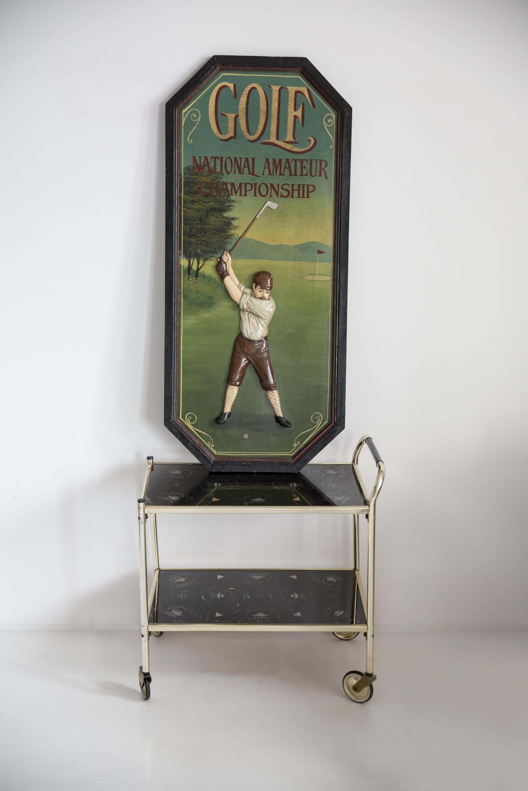 Art Midcentury Oil Championship Golf Club Painting, Brown Wood Frame, 1960s, Europe photo