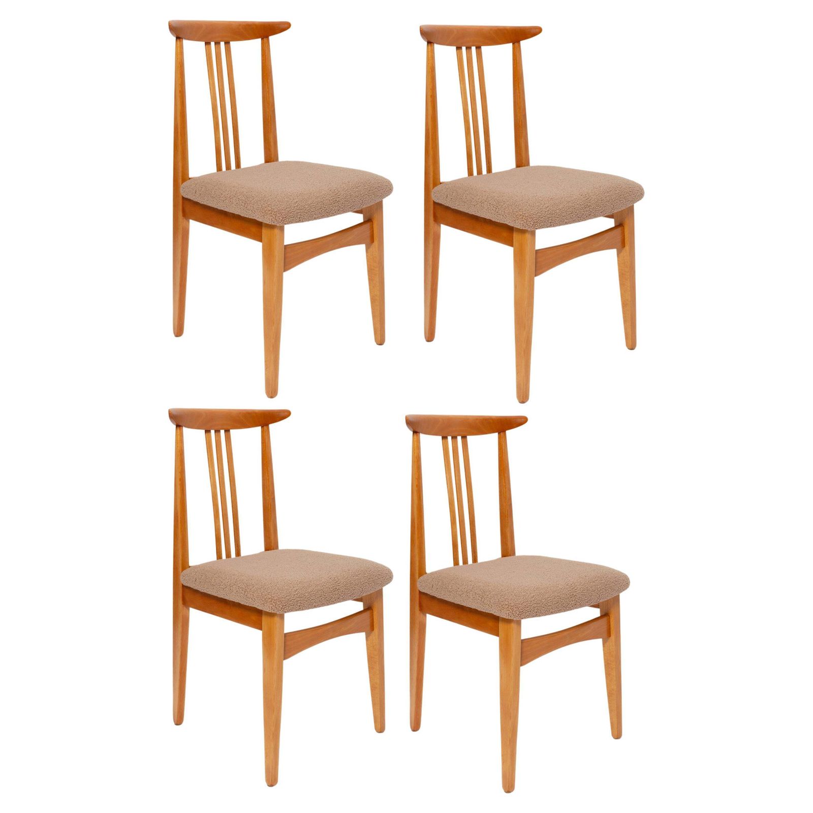 Set Van 4 Mid Century Stoelen, Latte Bouclé, Licht Hout, M. Zielinski, Europa, Ca. Jaren 1960