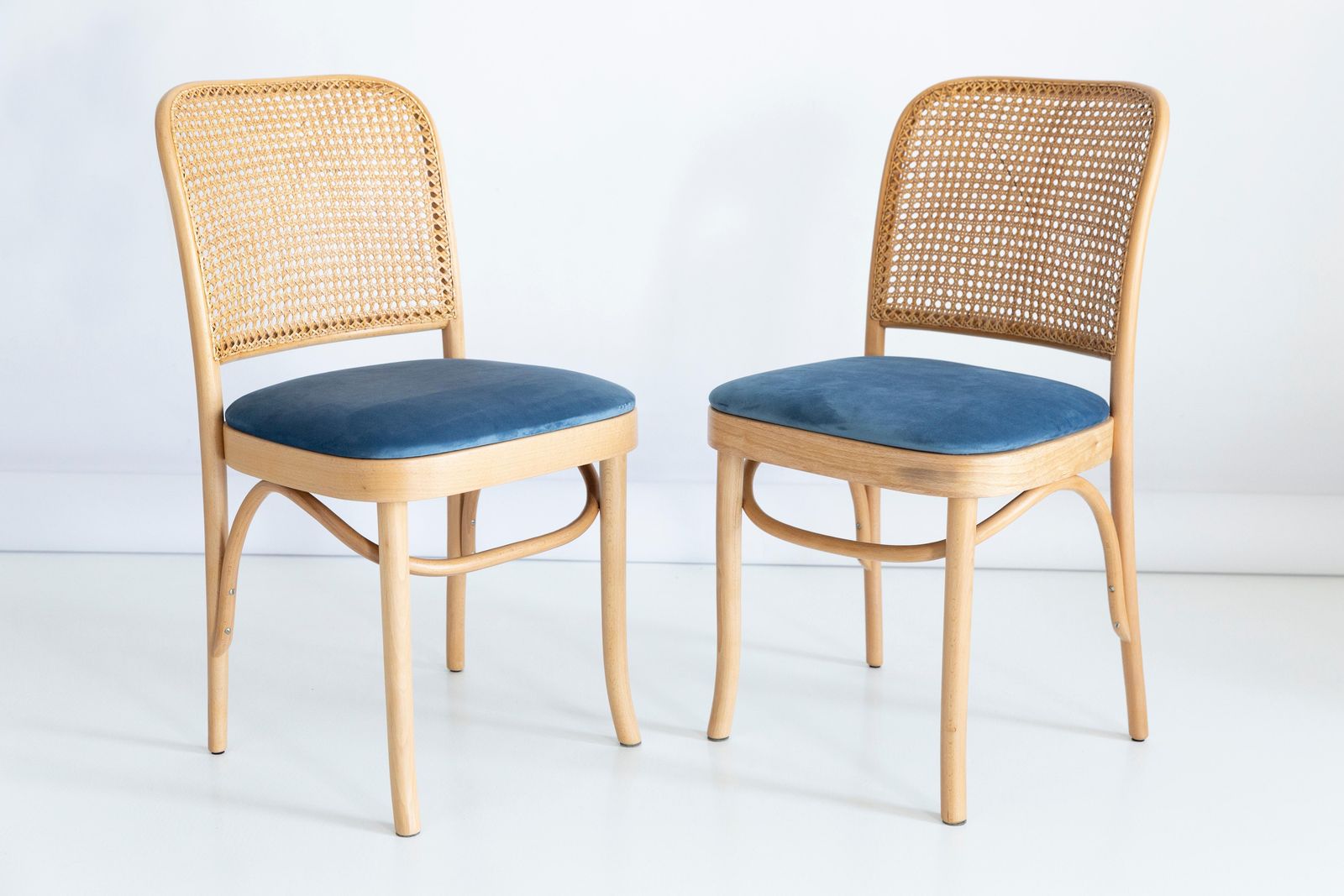 Set Of Four Blue Velvet Thonet Wood Rattan Chairs, 1960s photo Furniture