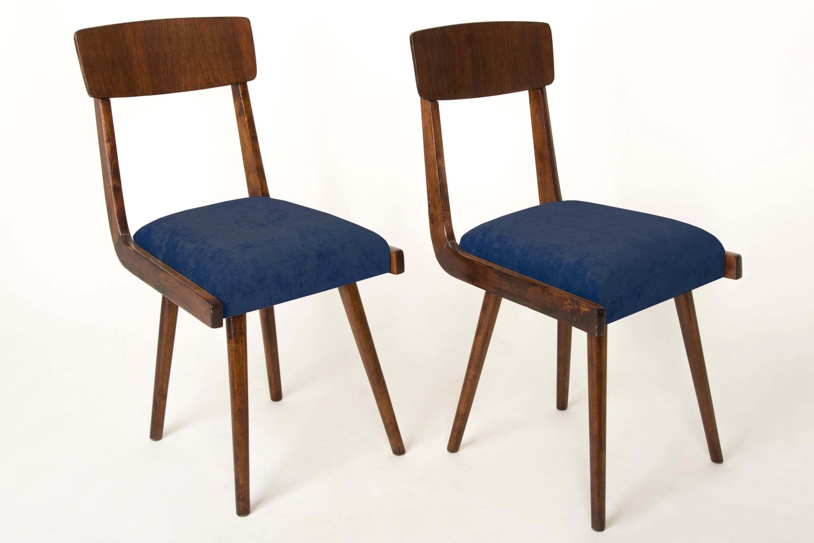 Set Of Four Mid Century Navy Blue Velvet Wood Chairs, Europe, 1960s photo for sale