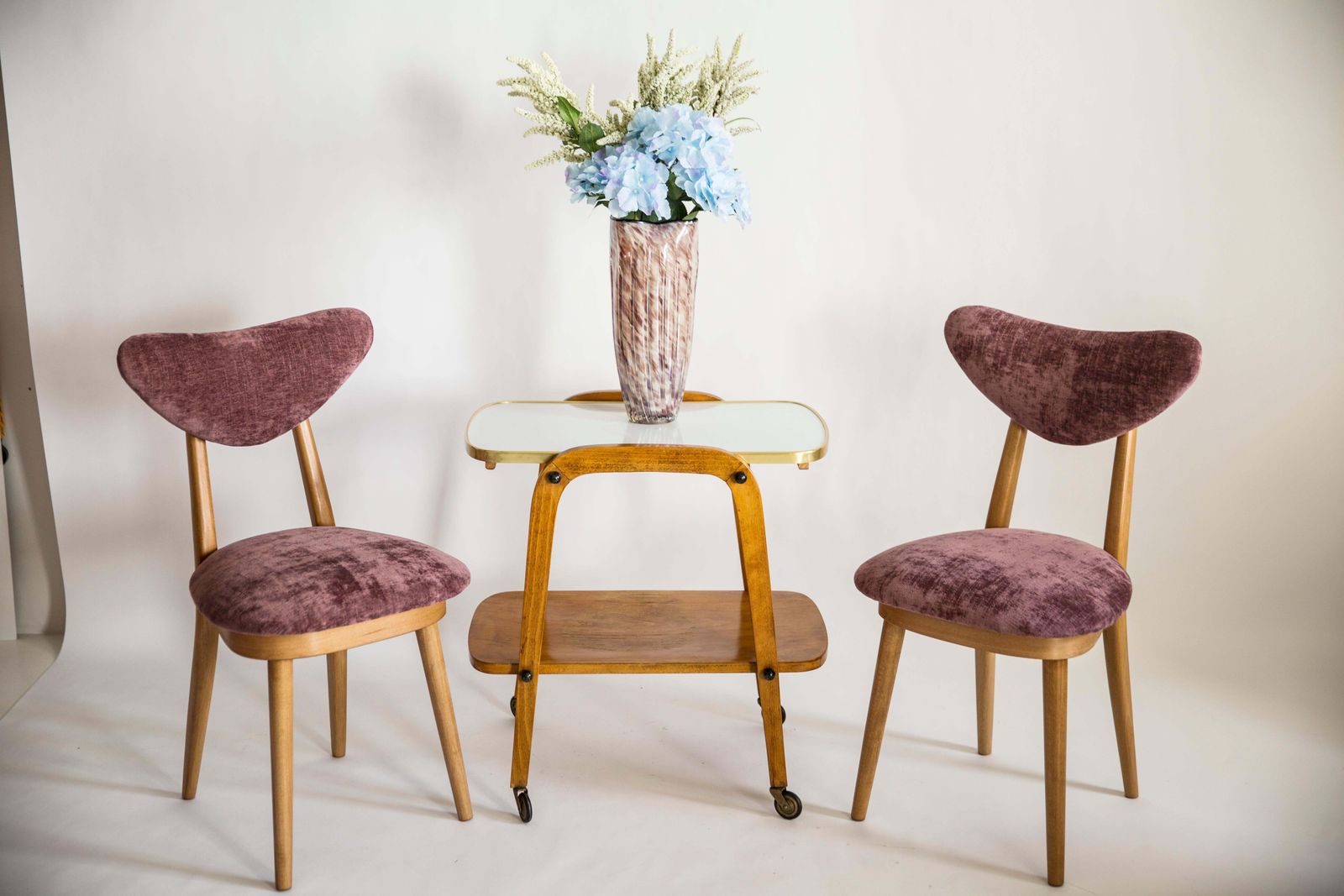 Pair Of Midcentury Plum Violet Velvet Light Wood Heart Chairs, Europe, 1960s photo for sale