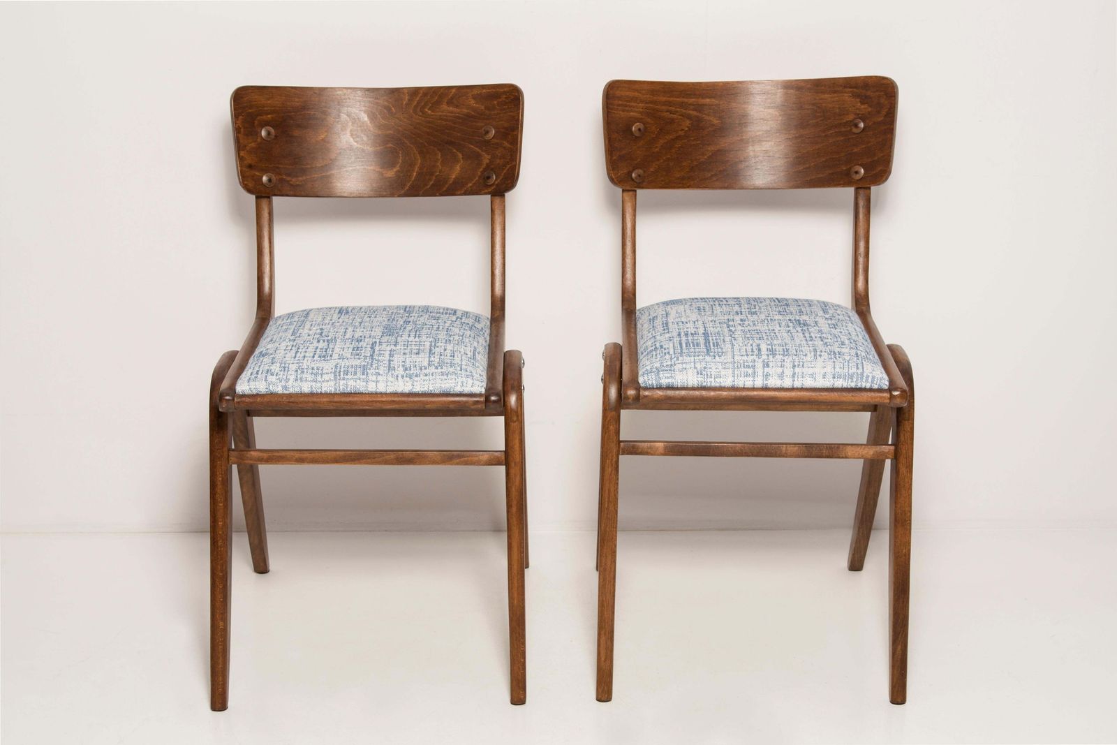 photo furniture Pair Of Midcentury White Blue Linen Boomerang Chairs, Dark Wood, Poland, 1960s