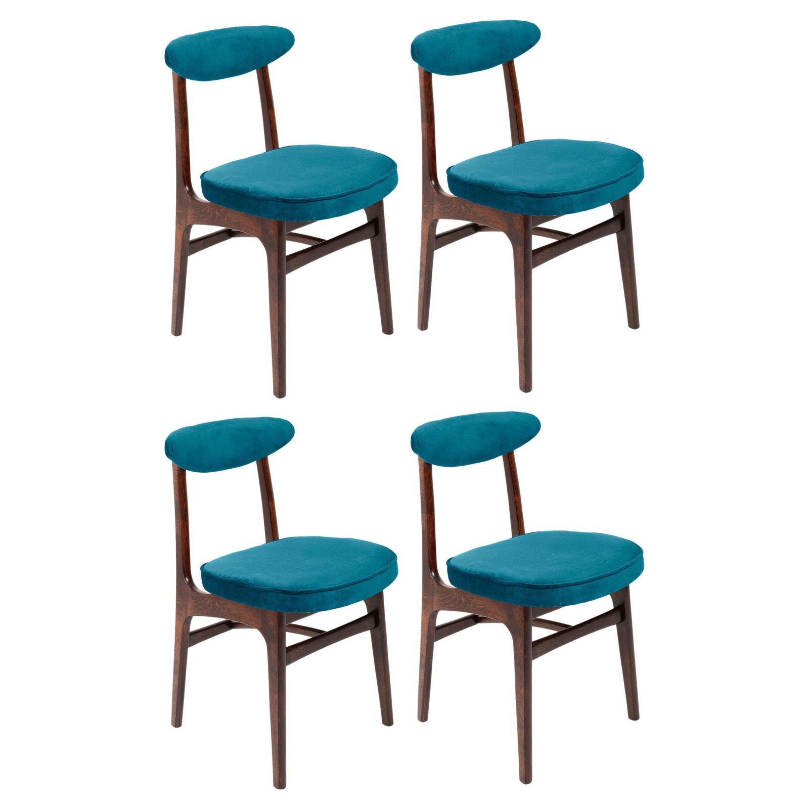 Vier 20e Eeuwse Stoelen In Petrolblauw Fluweel, Rajmund Halas, Europa, Jaren 1960