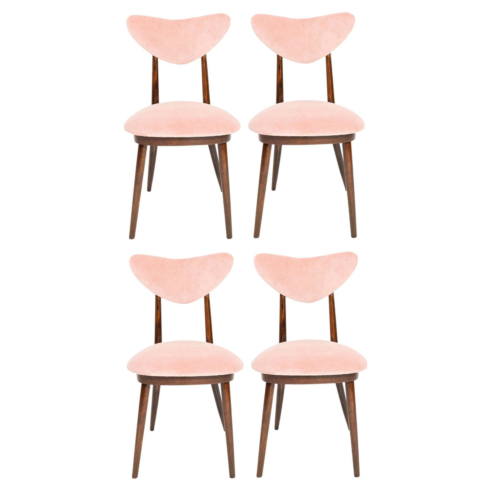 Set Of Four Mid Century Pink Cotton Velvet Heart Chairs, Europe, 1960s
