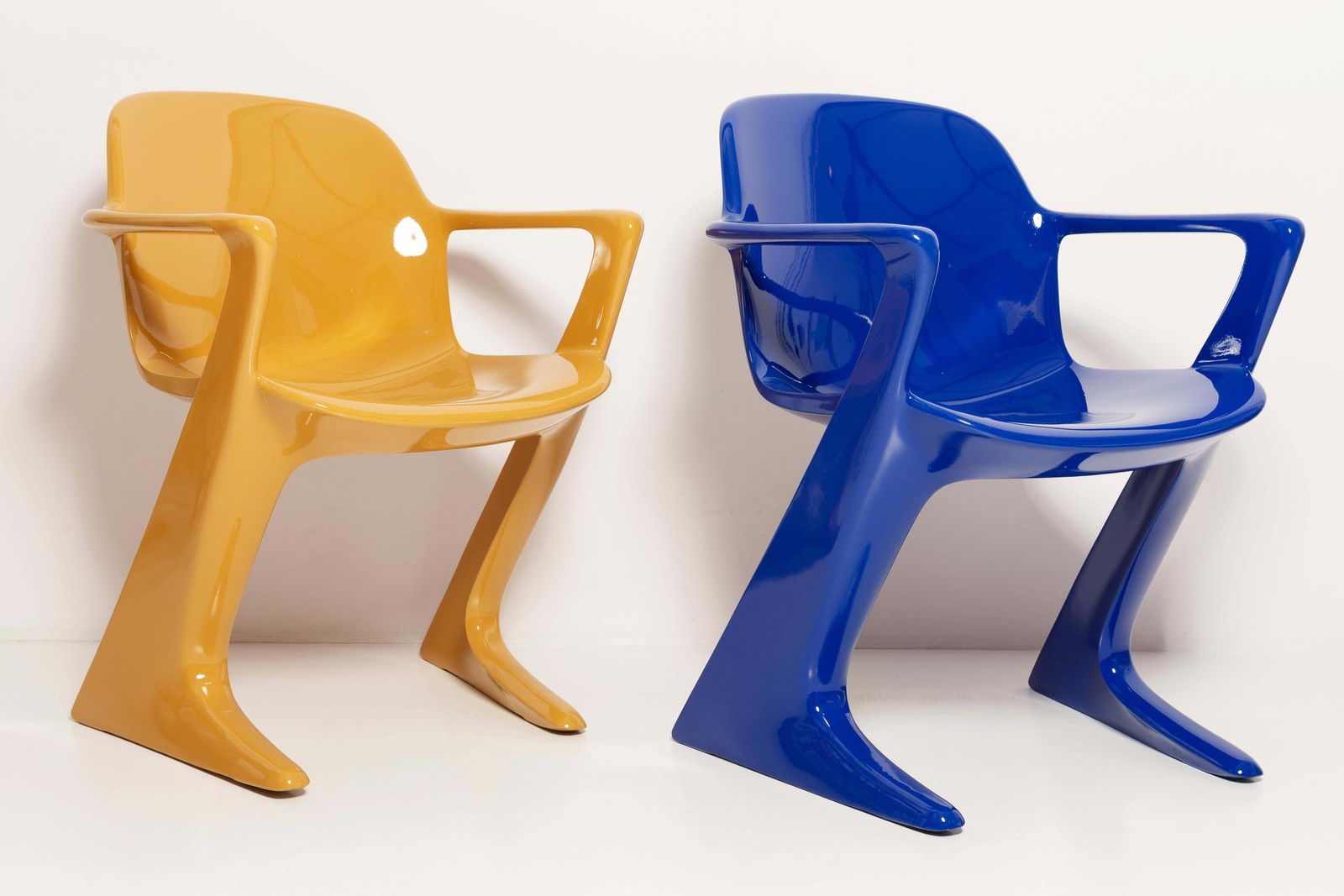 Two Mid Century Mustard And Blue Kangaroo Chairs Ernst Moeckl, Germany, 1968 photo for sale
