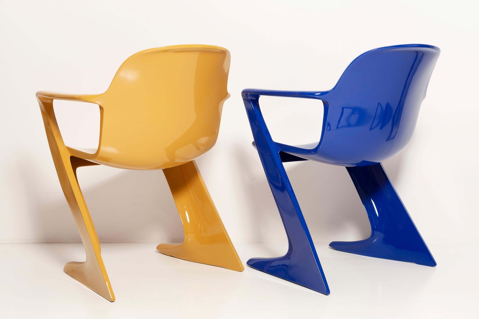 Furniture Two Mid Century Mustard And Blue Kangaroo Chairs Ernst Moeckl, Germany, 1968 photo