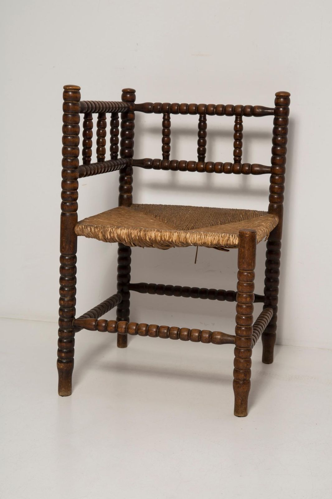 Mid Century Antique Provincial Hand Crafted Bobbin Corner Chair, France, 1940s photo for sale