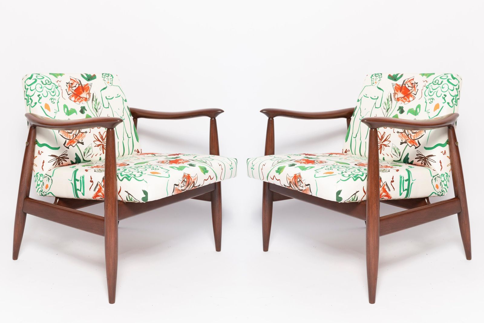 Pair Of Midcentury David Print White Armchairs, By Kedziorek, Europe, 1960s photo vinterior